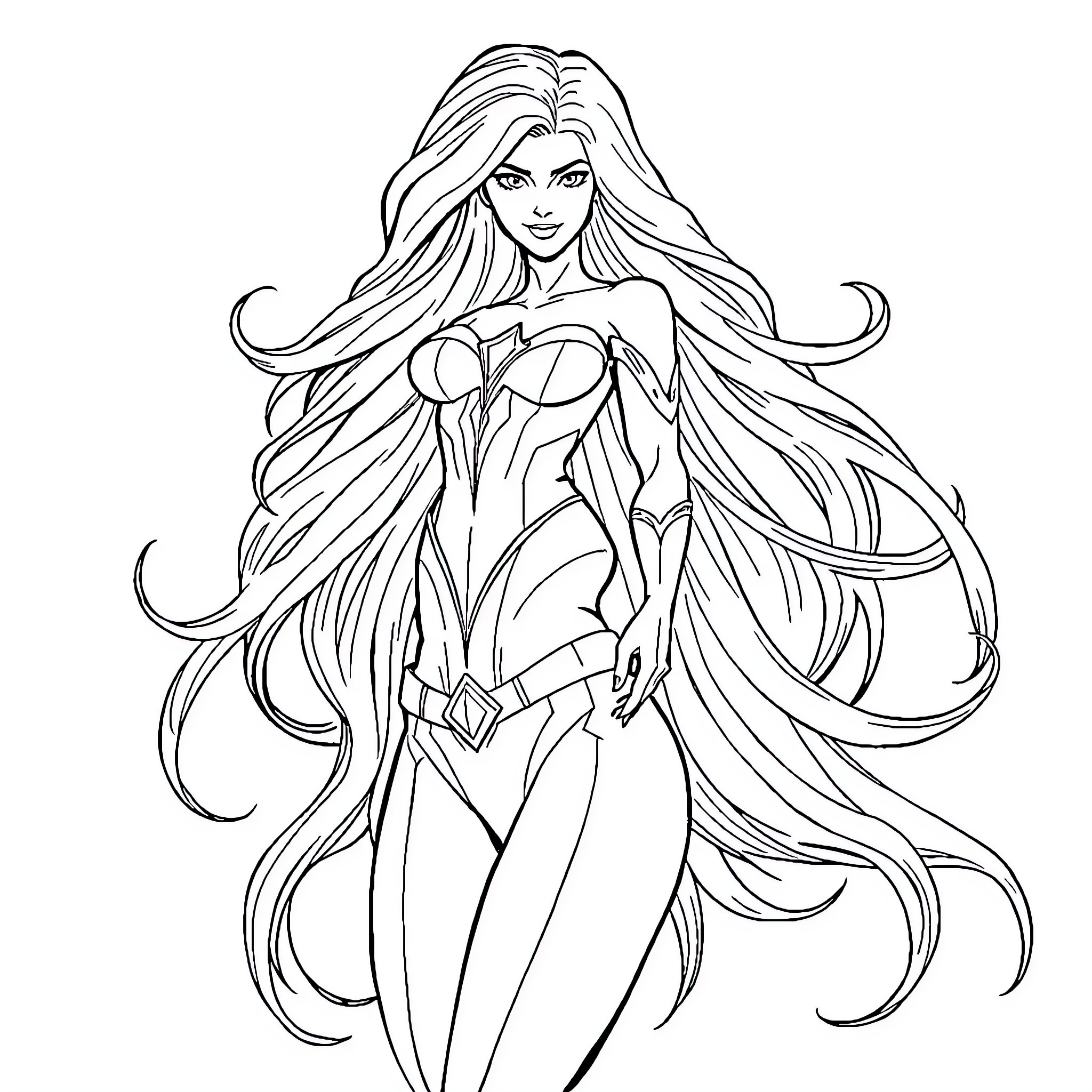 Starfire in heroic action pose with flowing hair Coloring Page (free black-and-white line drawing printable PDF for all, from beginners to advanced learners, including children, teens, adults, and seniors)