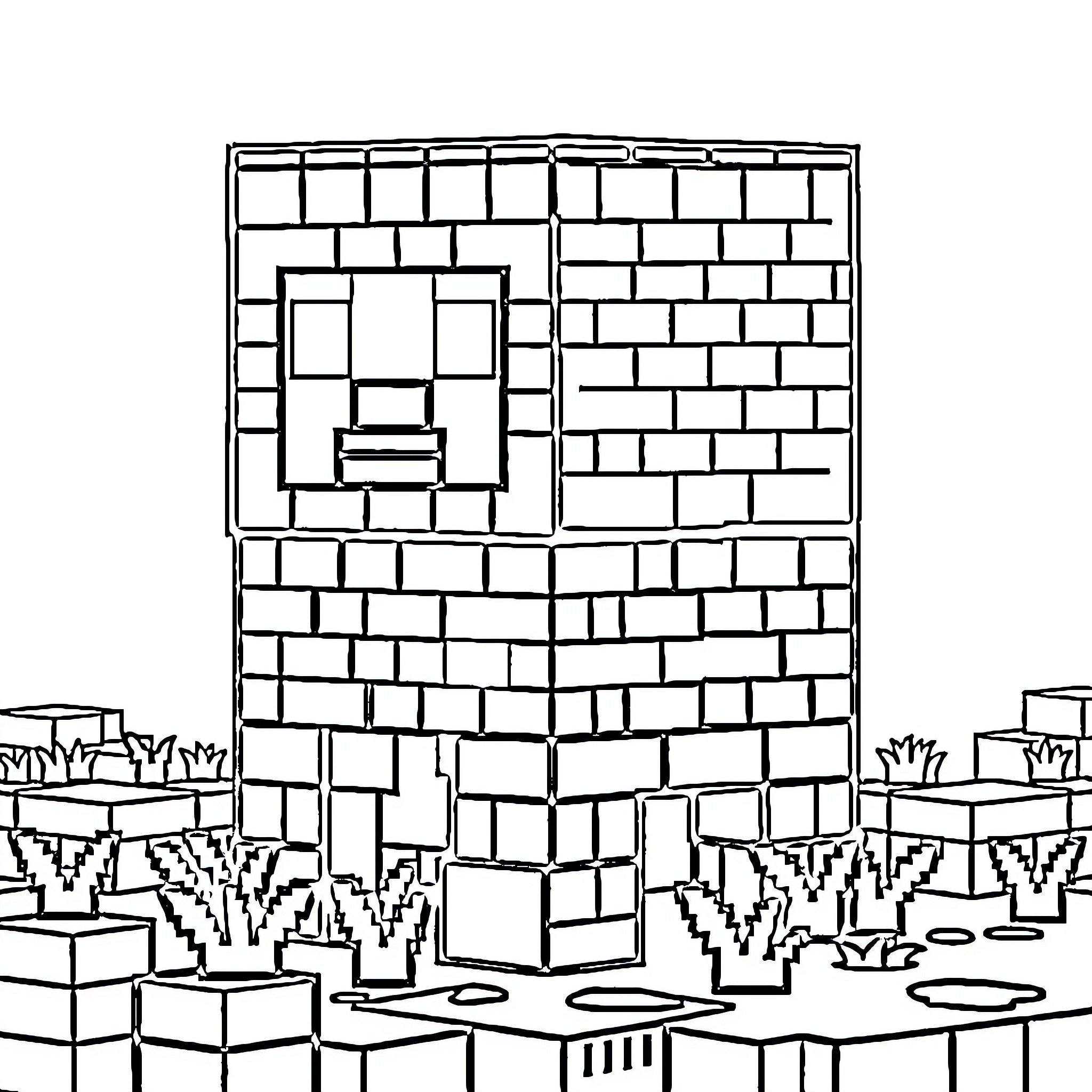 Minecraft Villager House Surrounded by Terrain Coloring Page (free black-and-white line drawing printable PDF for all, from beginners to advanced learners, including children, teens, adults, and seniors)