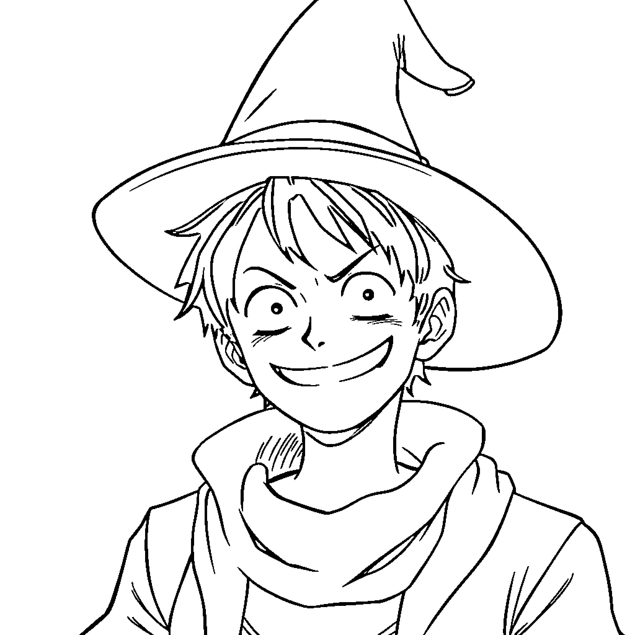 Luffy's mischievous grin in witch's hat Coloring Page (free black-and-white line drawing printable PDF for all, from beginners to advanced learners, including children, teens, adults, and seniors)