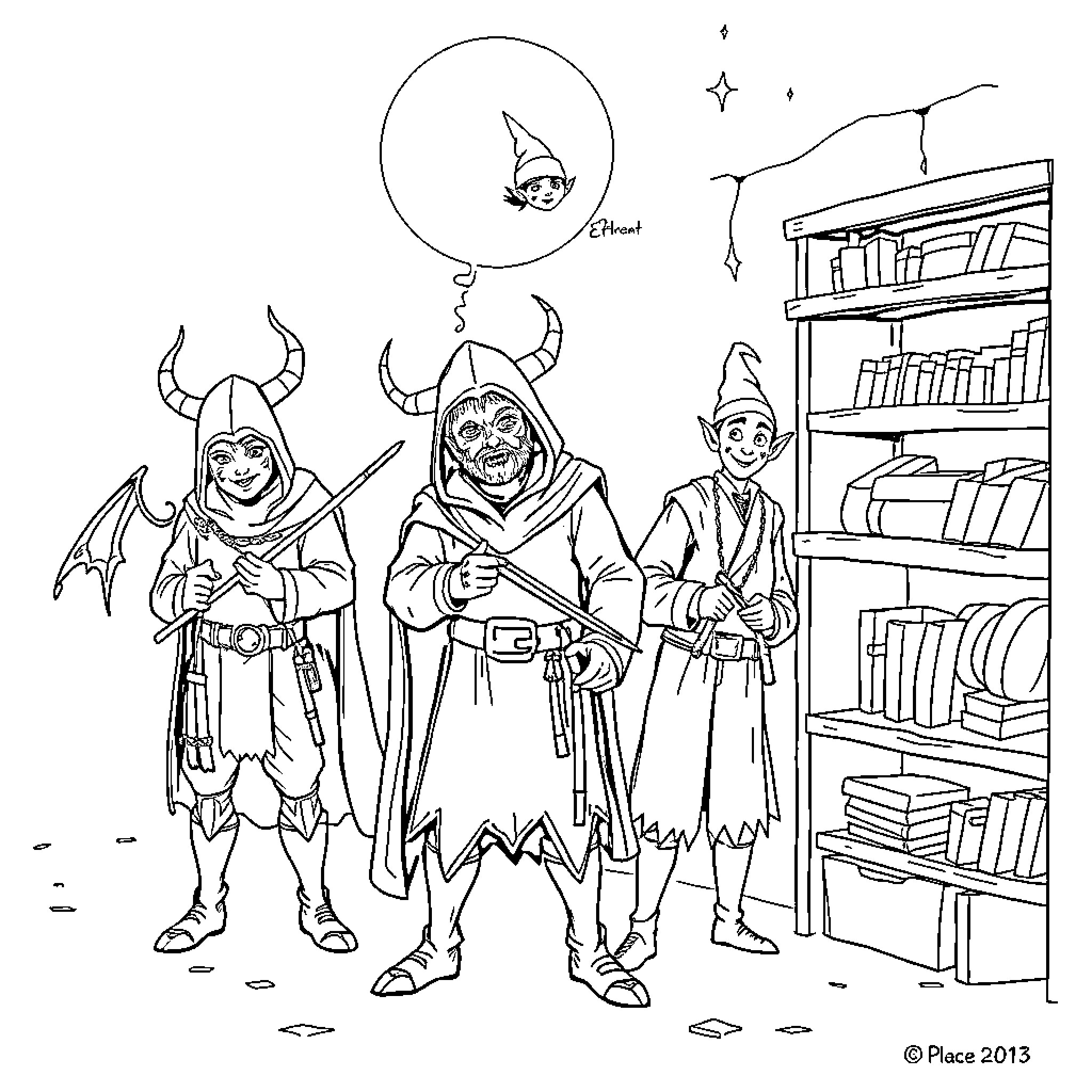 Demon Hunter's Journey in a Mystical Realm Coloring Page (free black-and-white line drawing printable PDF for all, from beginners to advanced learners, including children, teens, adults, and seniors)