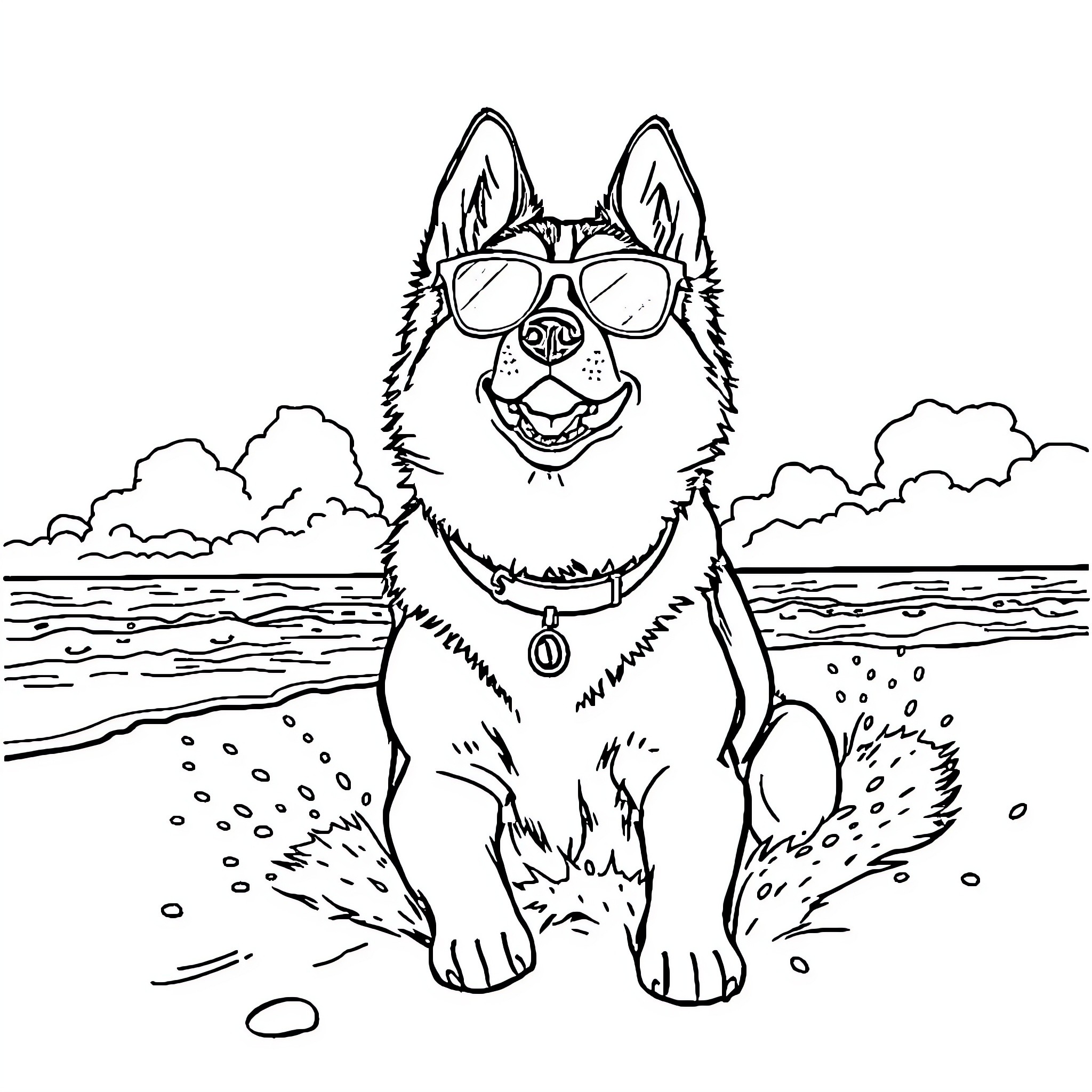 Husky enjoying a sunny day by the beach Coloring Page (free black-and-white line drawing printable PDF for all, from beginners to advanced learners, including children, teens, adults, and seniors)