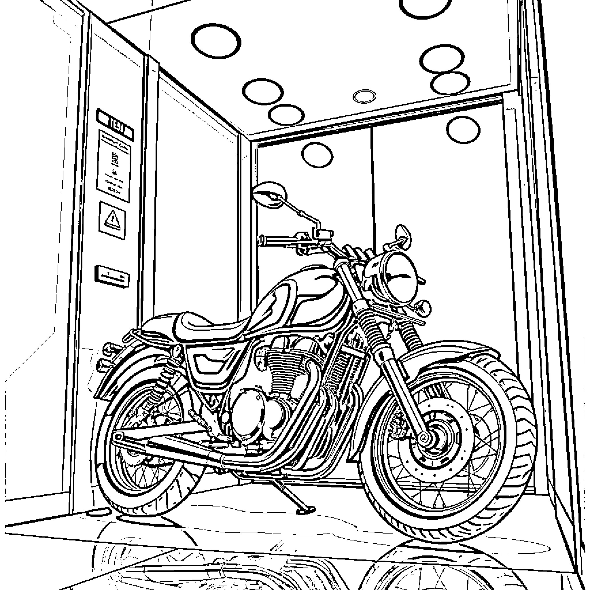 Bike parked in a modern workshop Coloring Page (free black-and-white line drawing printable PDF for all, from beginners to advanced learners, including children, teens, adults, and seniors)