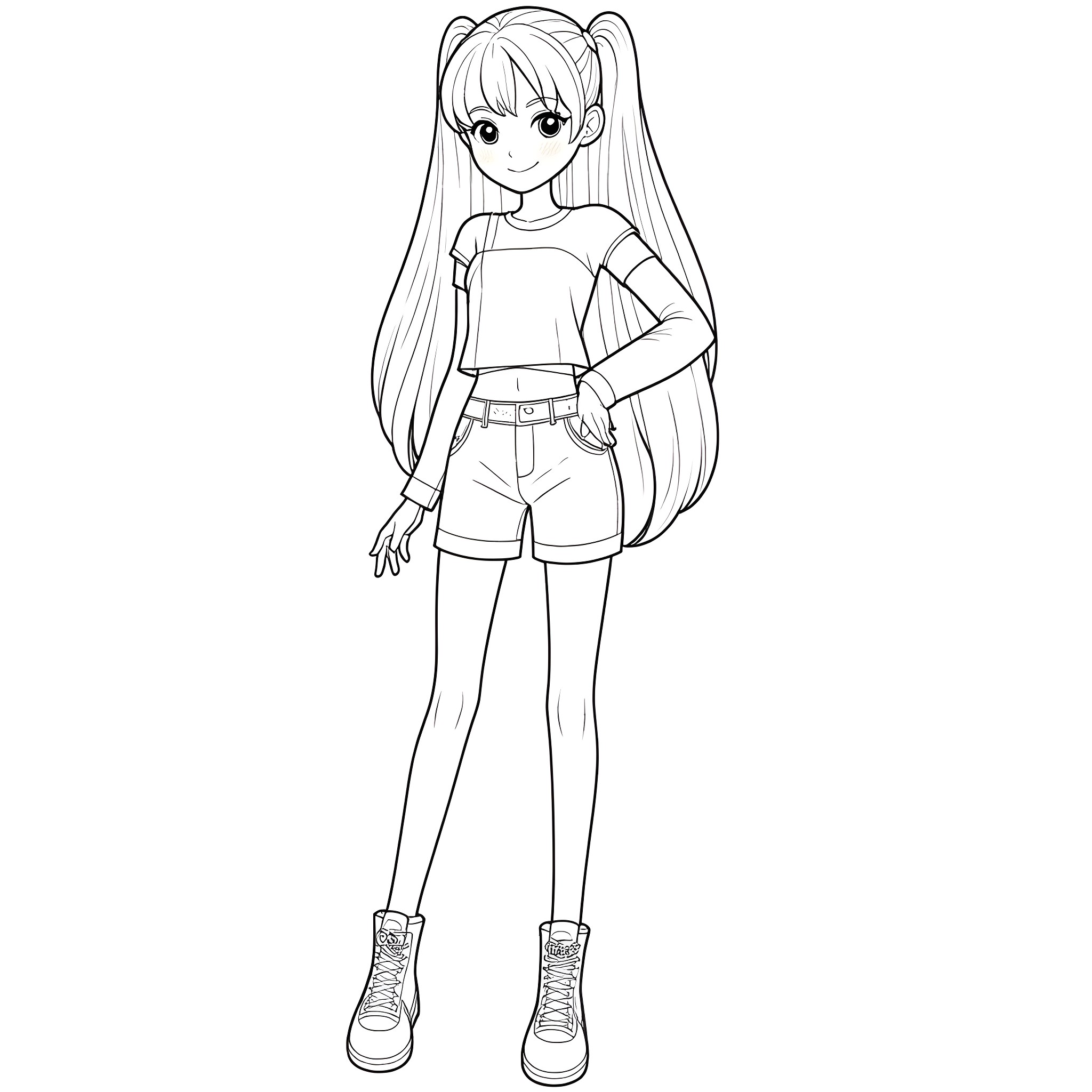 Anime Girl in Casual Outfit with Long Hair Coloring Page (free black-and-white line drawing printable PDF for all, from beginners to advanced learners, including children, teens, adults, and seniors)