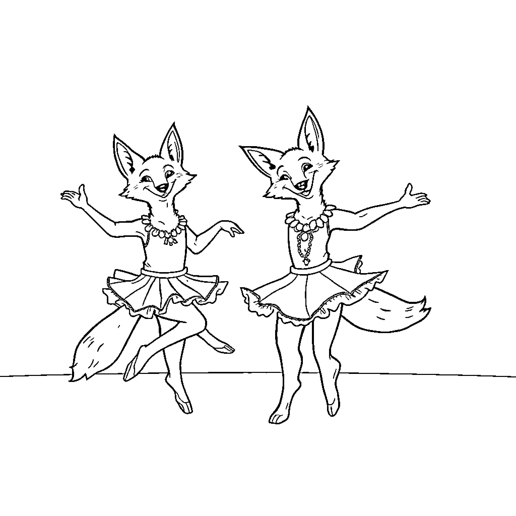 Coyote dancers in festive outfits Coloring Page (free black-and-white line drawing printable PDF for all, from beginners to advanced learners, including children, teens, adults, and seniors)