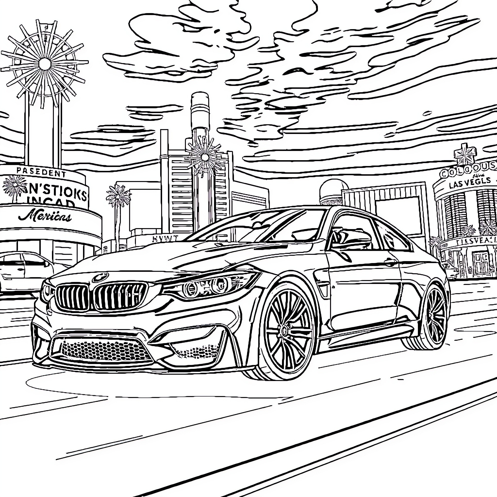 BMW luxury sports car on city street Coloring Page (free black-and-white line drawing printable PDF for all, from beginners to advanced learners, including children, teens, adults, and seniors)