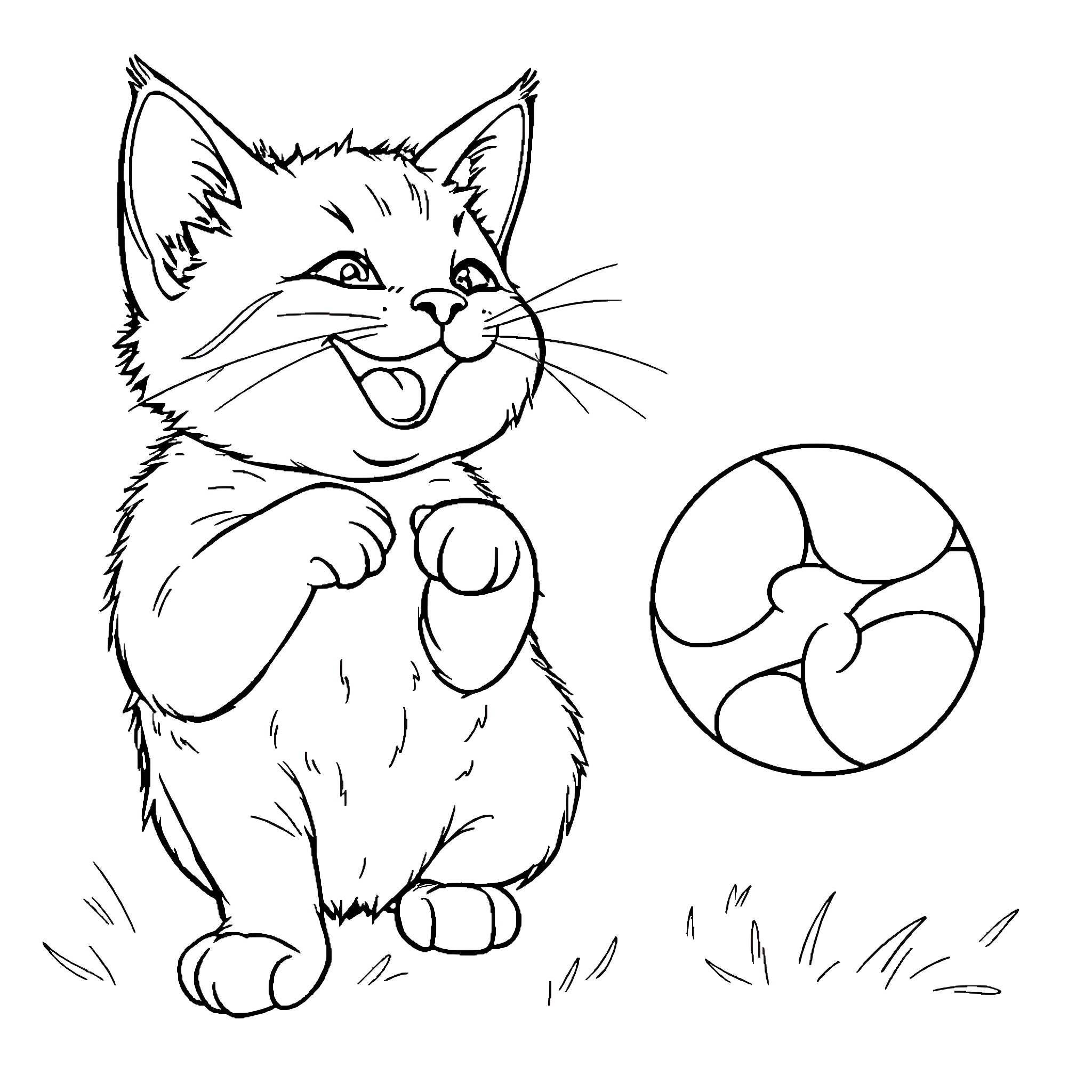 Cat playing joyfully with fan Coloring Page (free black-and-white line drawing printable PDF for all, from beginners to advanced learners, including children, teens, adults, and seniors)