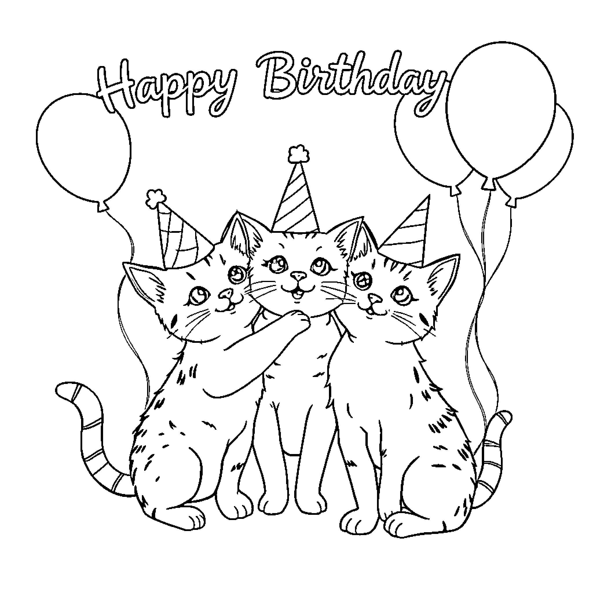 Cats celebrating a birthday with balloons Coloring Page (free black-and-white line drawing printable PDF for all, from beginners to advanced learners, including children, teens, adults, and seniors)