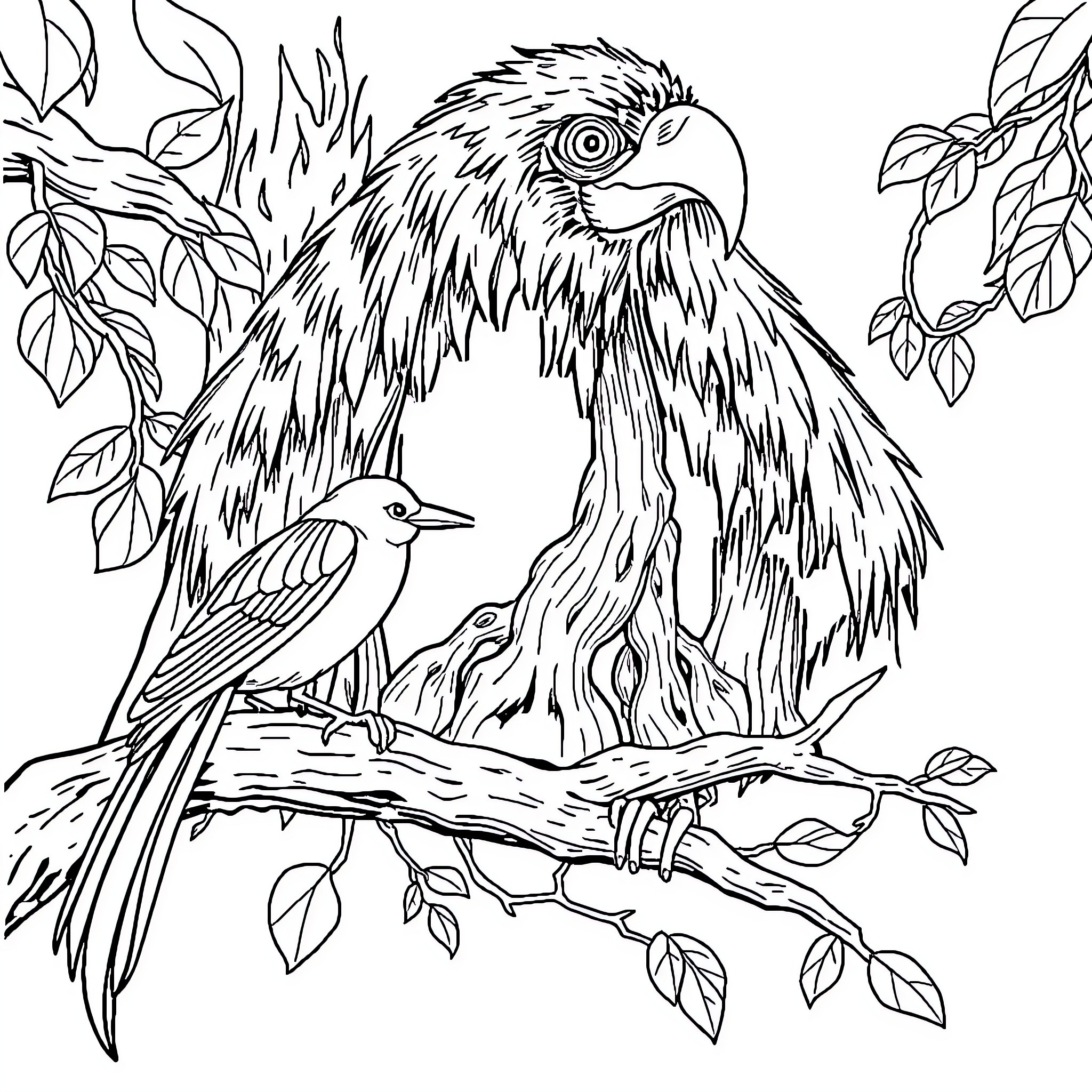 Forest Animal Featuring Exotic Birds in Nature Coloring Page (free black-and-white line drawing printable PDF for all, from beginners to advanced learners, including children, teens, adults, and seniors)