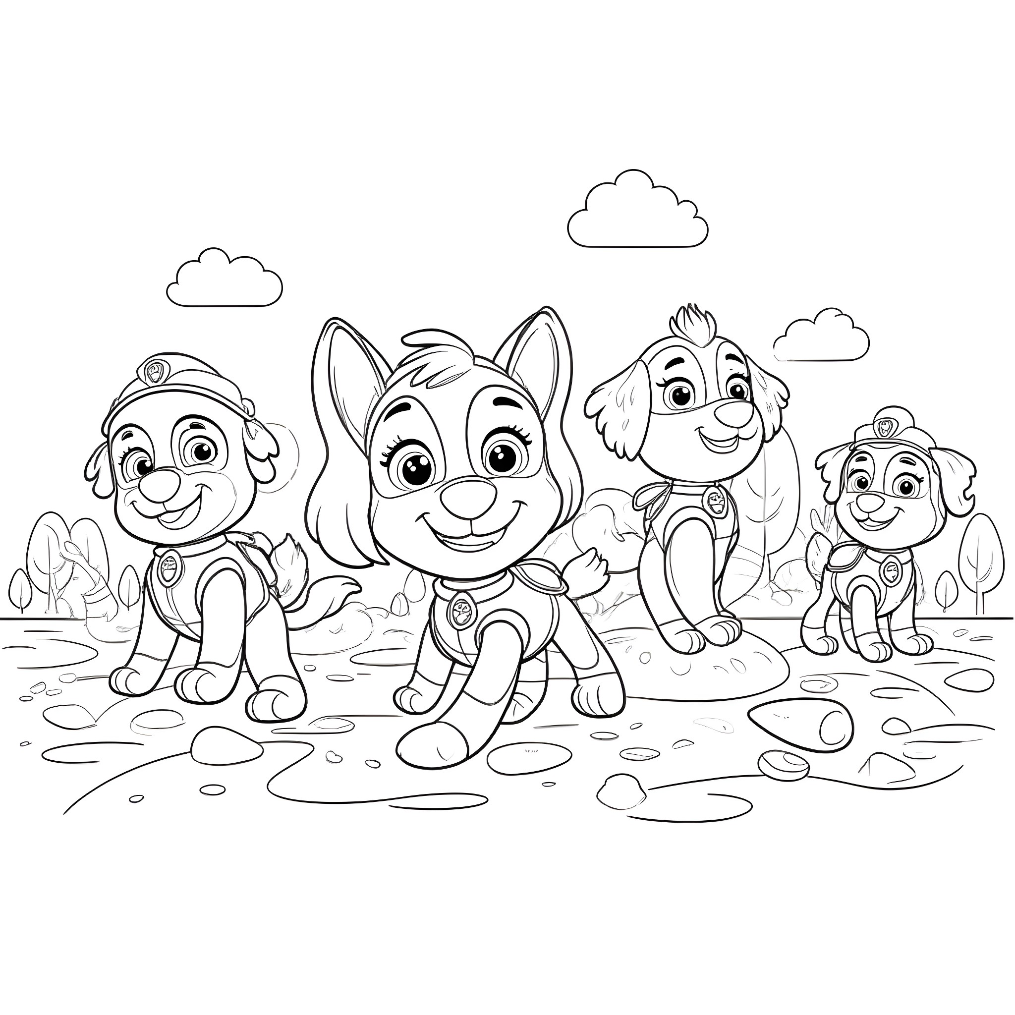 Paw Patrol characters exploring the outdoors Coloring Page (free black-and-white line drawing printable PDF for all, from beginners to advanced learners, including children, teens, adults, and seniors)