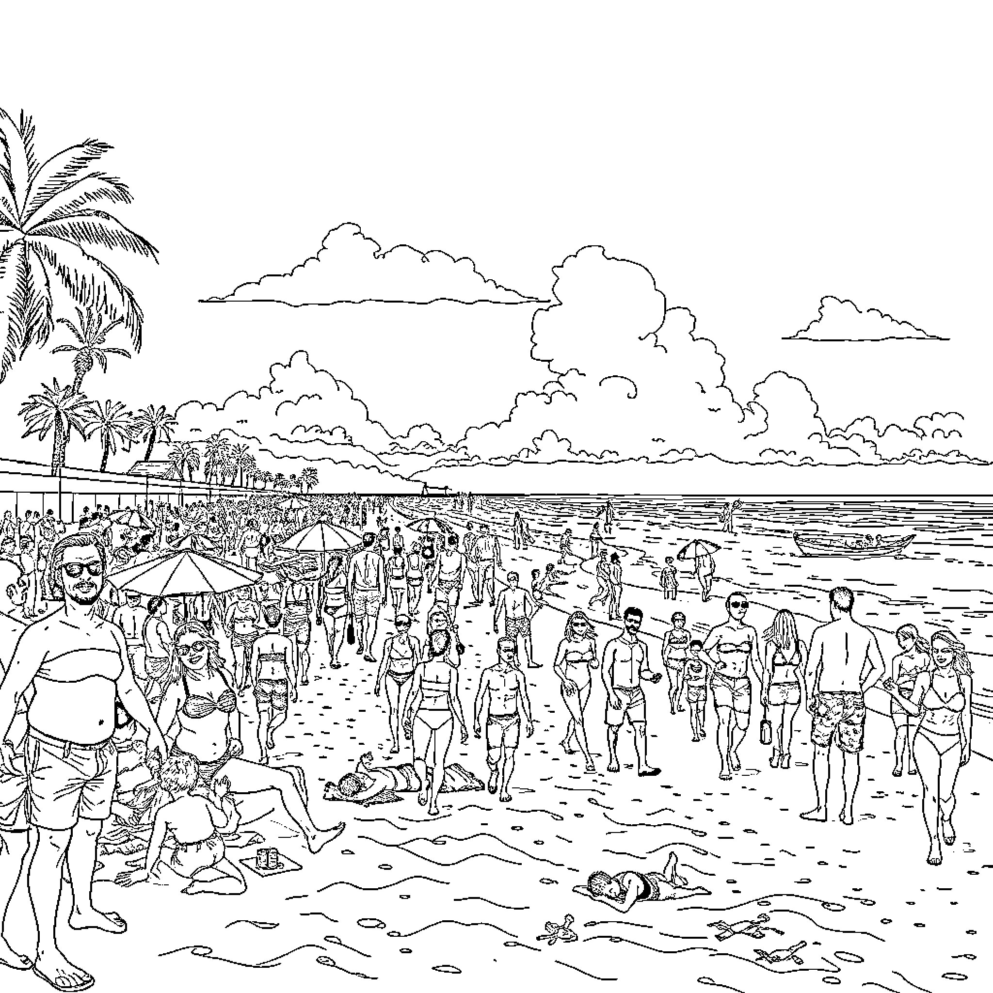 Beach with Lively Crowd and Beachside Scenery Coloring Page (free black-and-white line drawing printable PDF for all, from beginners to advanced learners, including children, teens, adults, and seniors)