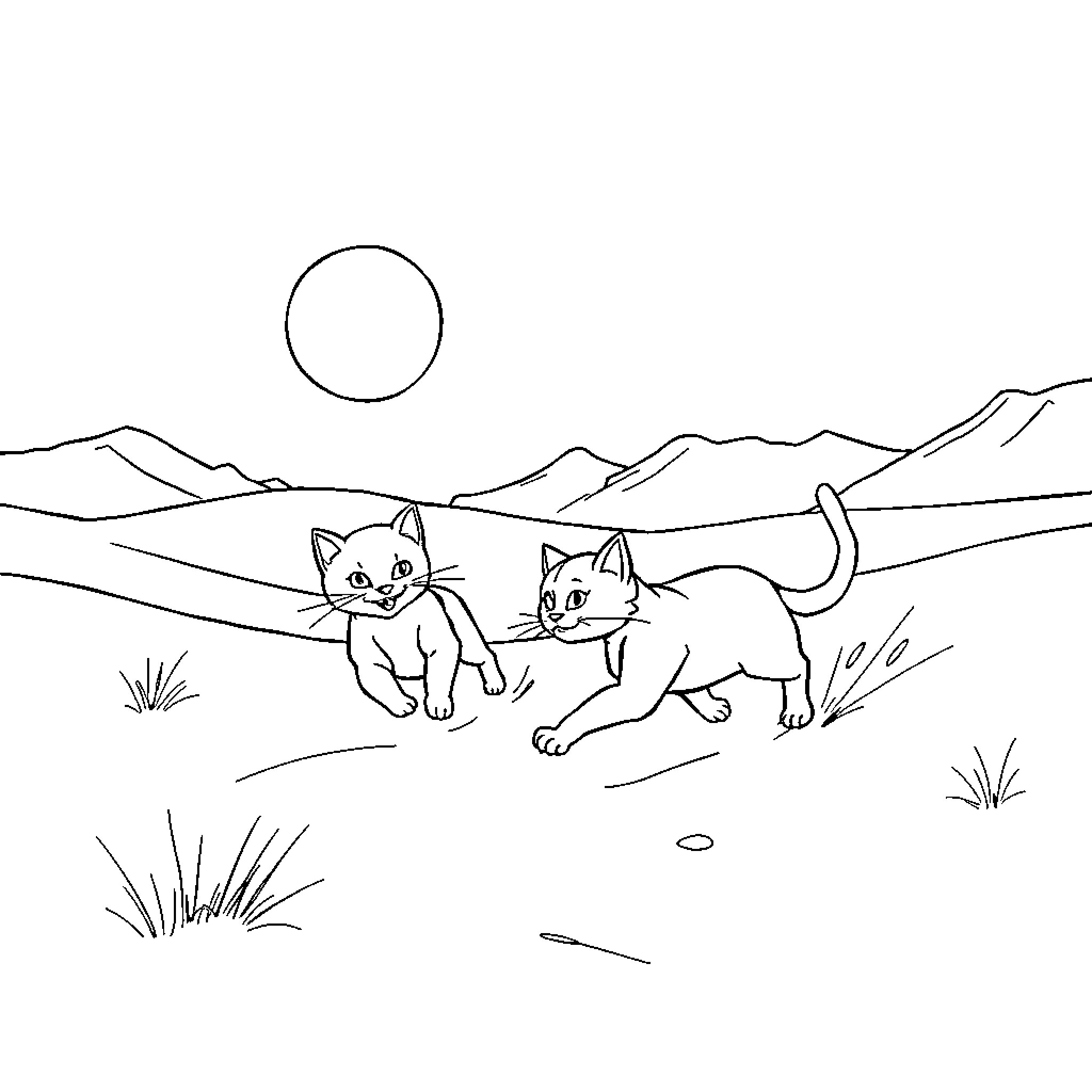 Cat exploring the wilderness with friend Coloring Page (free black-and-white line drawing printable PDF for all, from beginners to advanced learners, including children, teens, adults, and seniors)