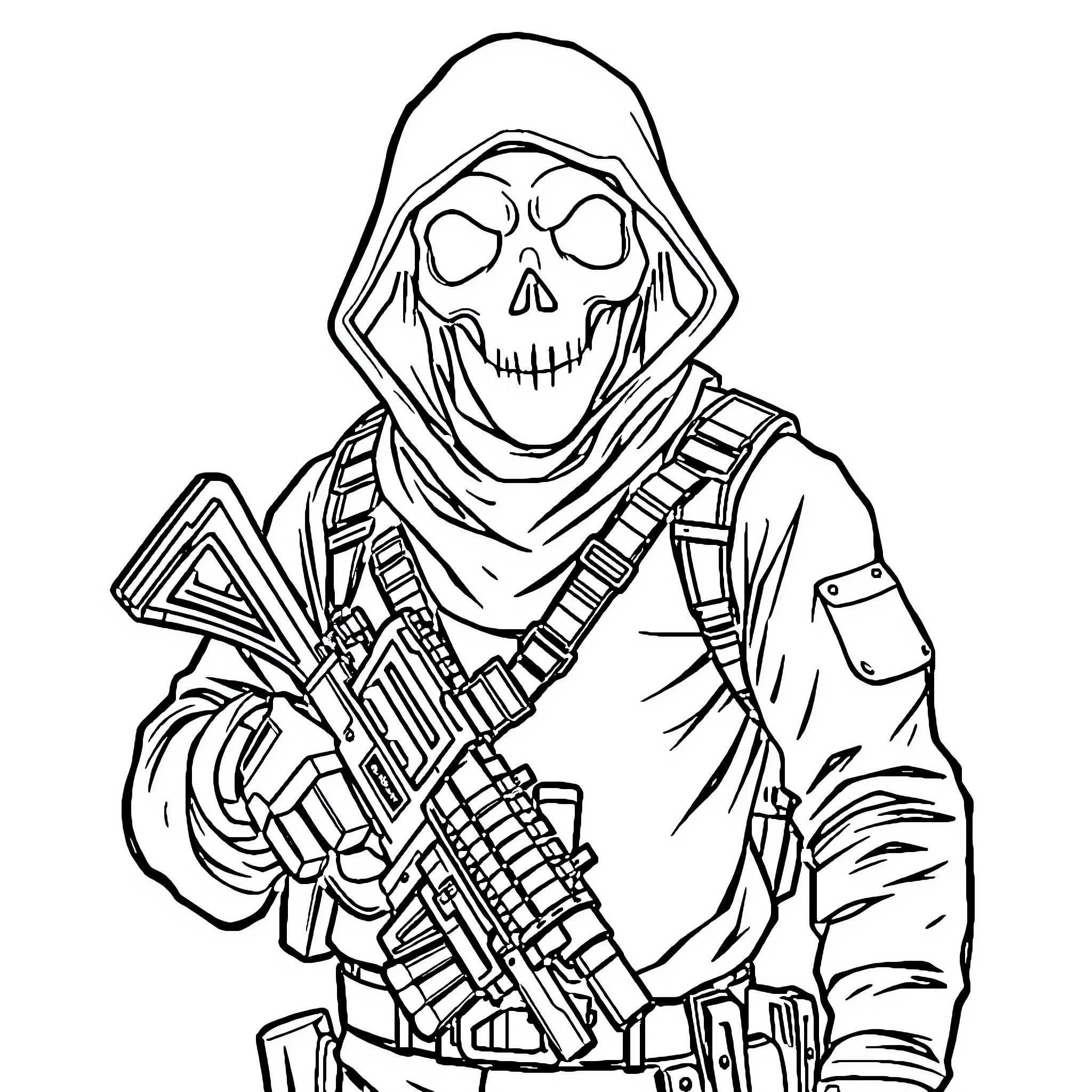 Ghost Warrior Wielding Menacing Firearm Coloring Page (free black-and-white line drawing printable PDF for all, from beginners to advanced learners, including children, teens, adults, and seniors)