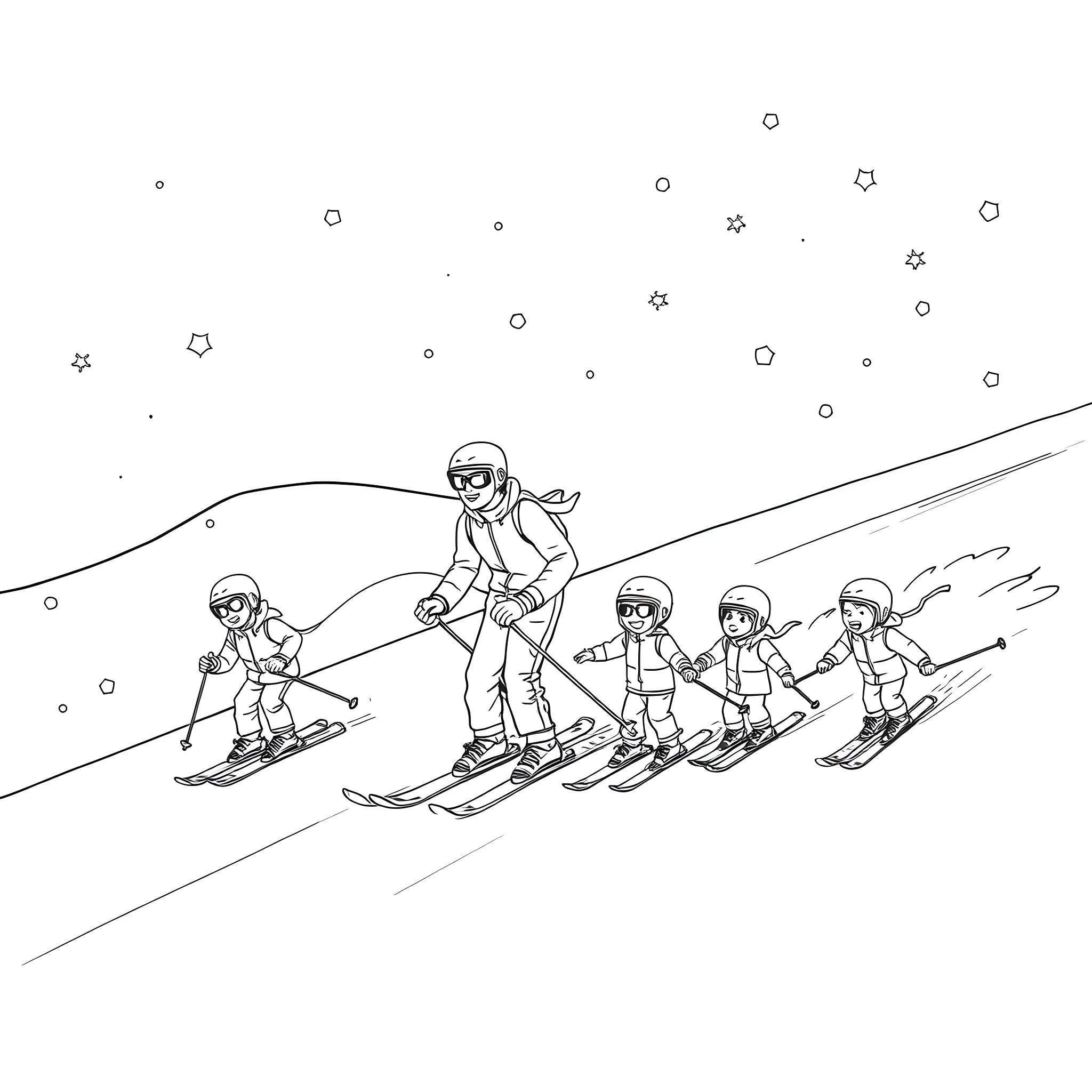 People skiing down a snowy hill Coloring Page (free black-and-white line drawing printable PDF for all, from beginners to advanced learners, including children, teens, adults, and seniors)