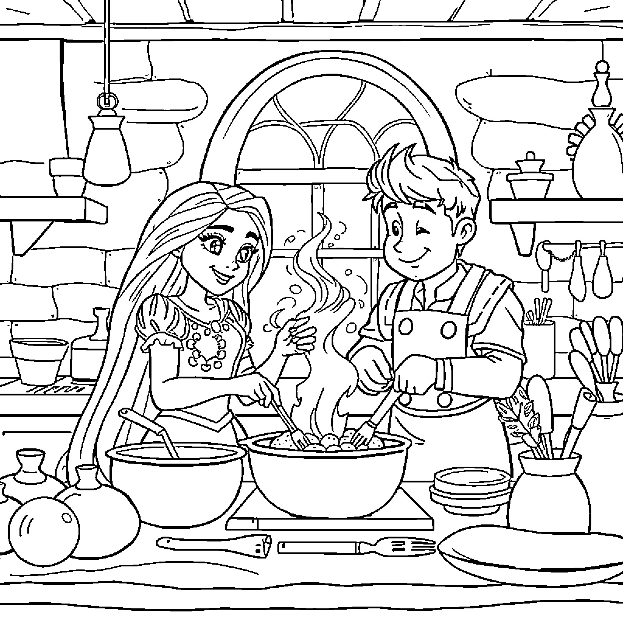 Rapunzel and Flynn Cooking Together in the Kitchen Coloring Page (free black-and-white line drawing printable PDF for all, from beginners to advanced learners, including children, teens, adults, and seniors)