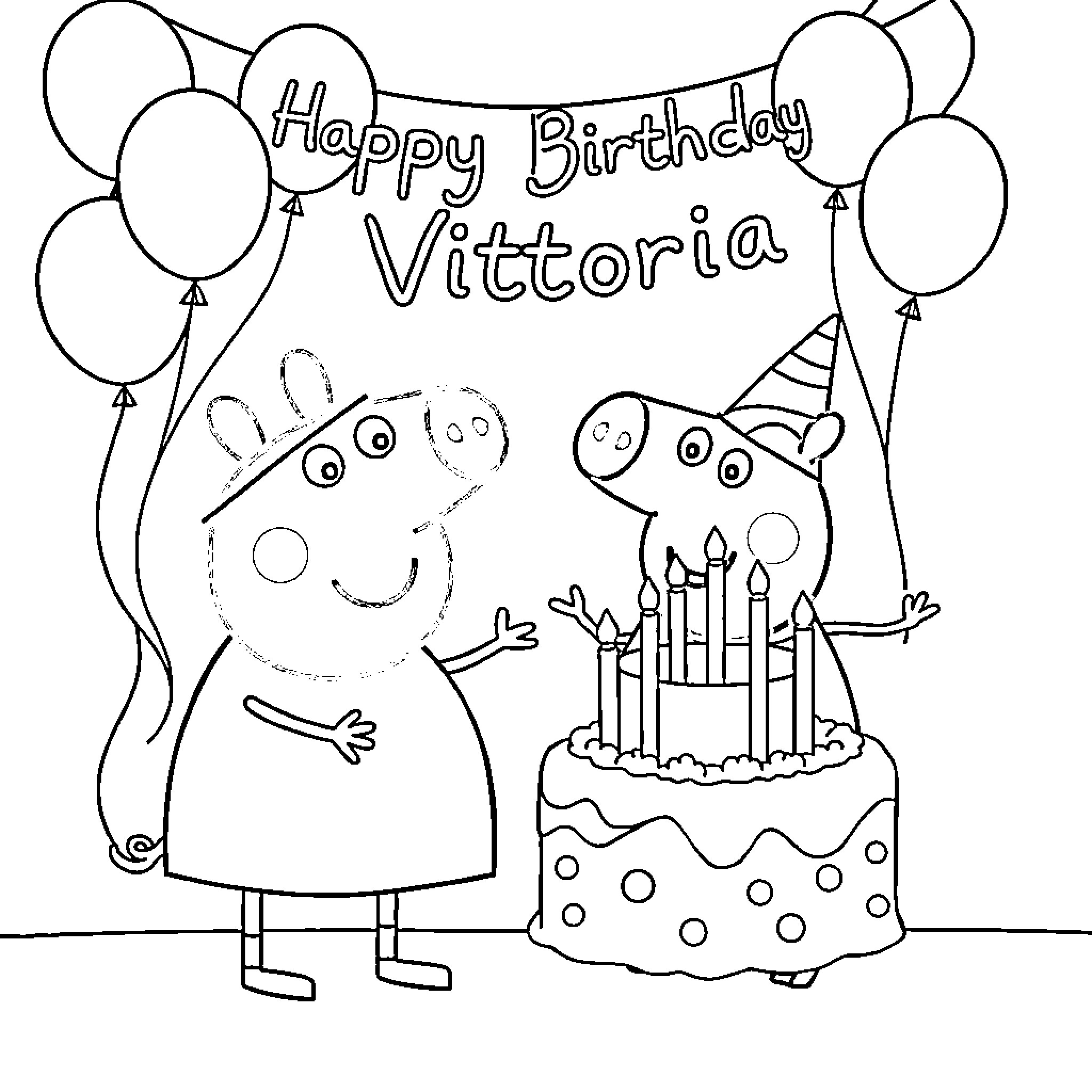 Peppa Pig celebrates Victoria's birthday with a cake and balloons Coloring Page (free black-and-white line drawing printable PDF for all, from beginners to advanced learners, including children, teens, adults, and seniors)
