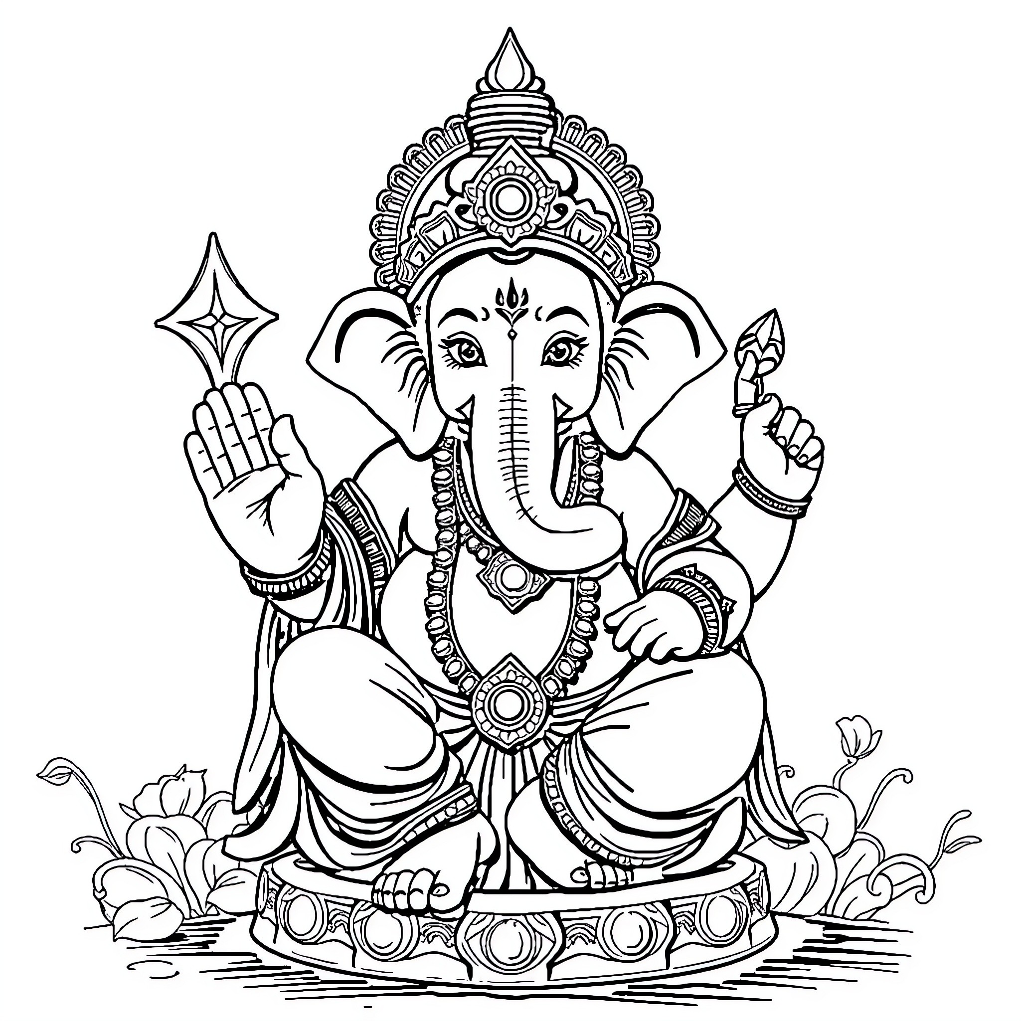 Ganesh the Gracious Elephant-Headed Deity Coloring Page (free black-and-white line drawing printable PDF for all, from beginners to advanced learners, including children, teens, adults, and seniors)