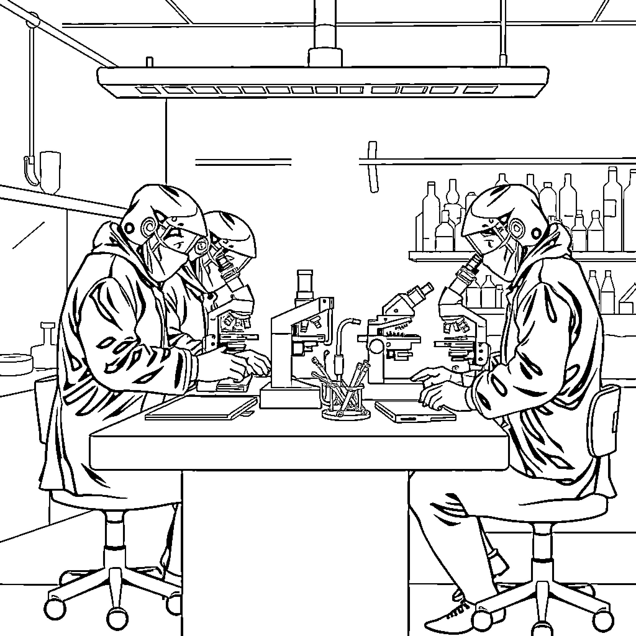 Avengers Scientists Conducting Experiments in Lab Coloring Page (free black-and-white line drawing printable PDF for all, from beginners to advanced learners, including children, teens, adults, and seniors)
