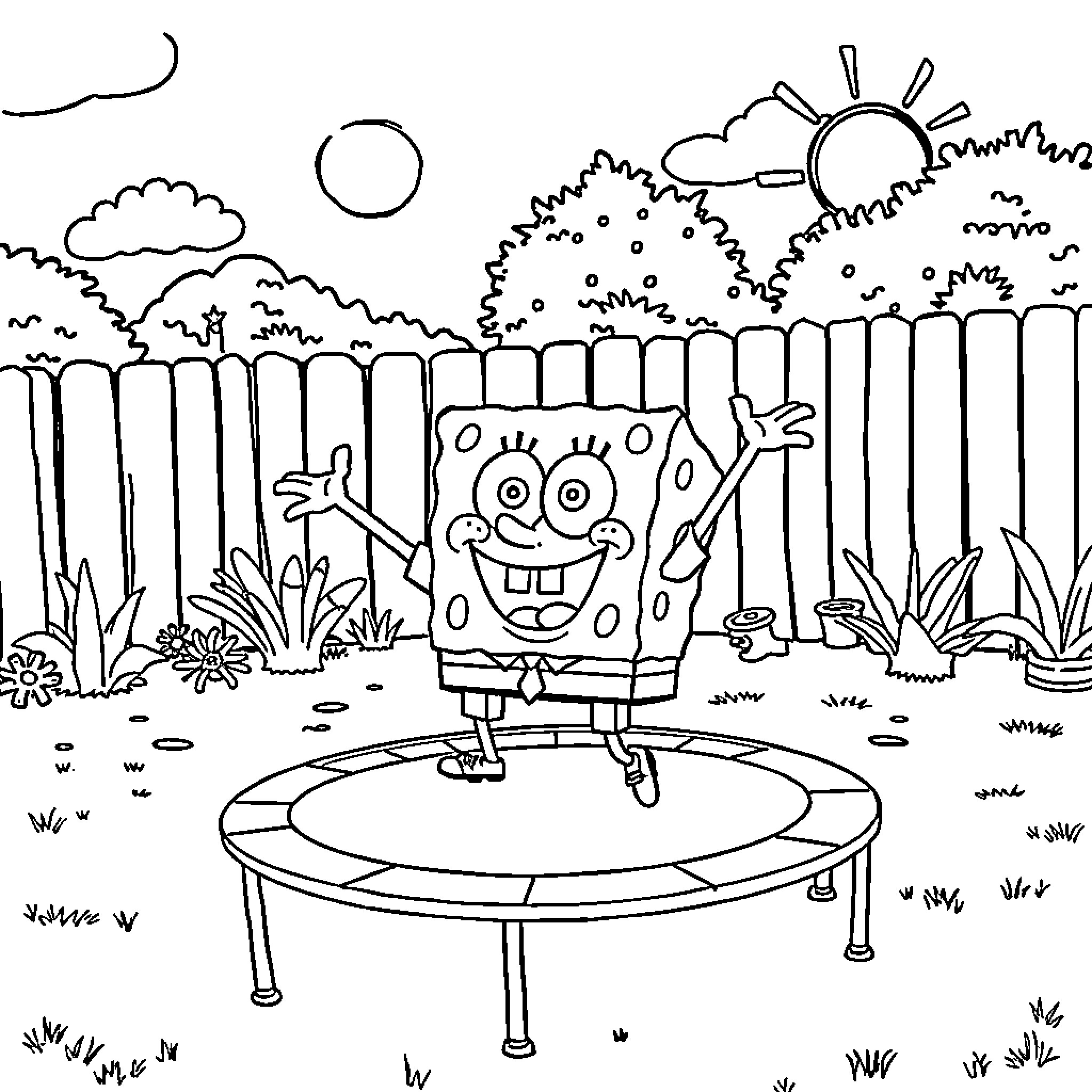 Spongebob bouncing happily on a trampoline Coloring Page (free black-and-white line drawing printable PDF for all, from beginners to advanced learners, including children, teens, adults, and seniors)