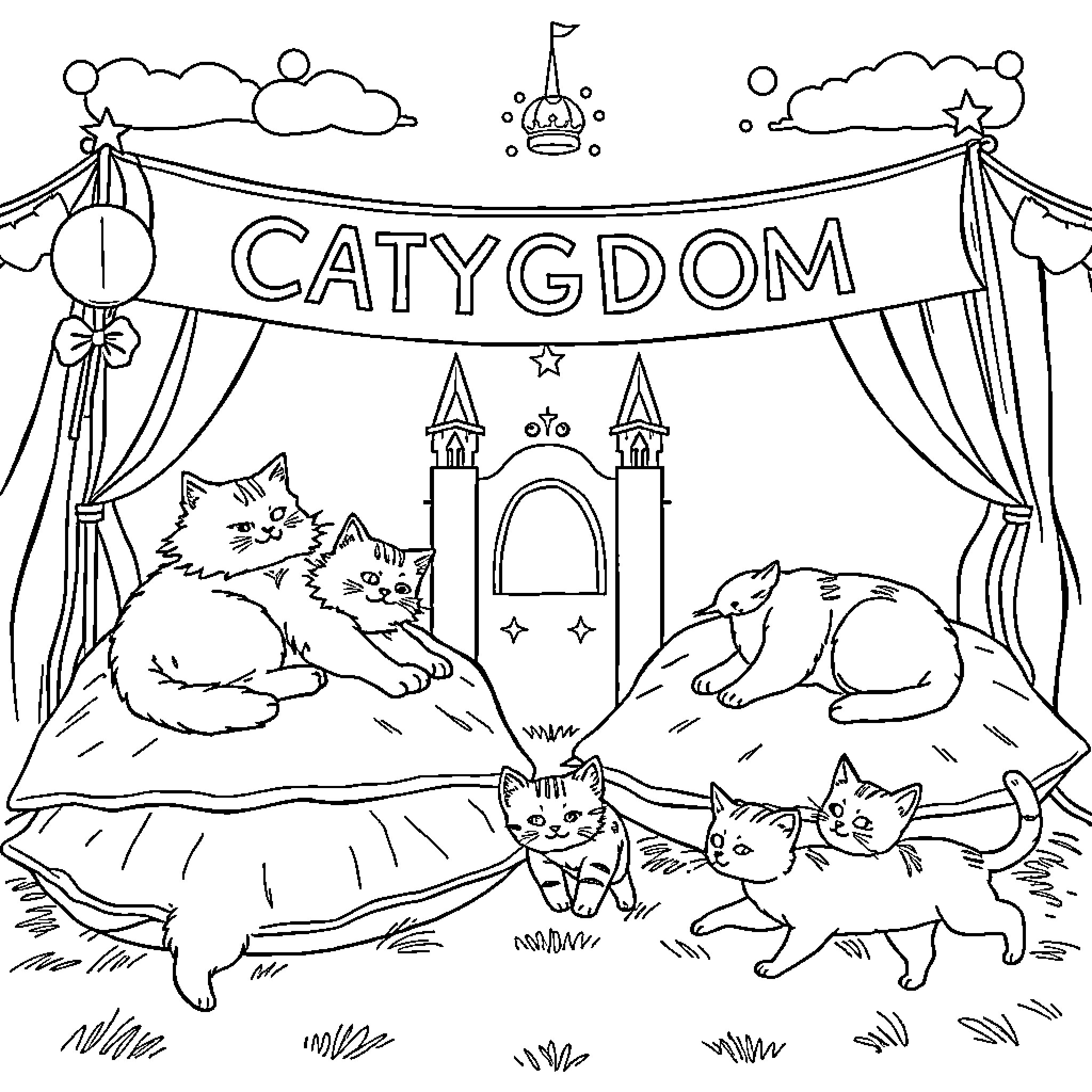 Cats in the Catygdom kingdom Coloring Page (free black-and-white line drawing printable PDF for all, from beginners to advanced learners, including children, teens, adults, and seniors)