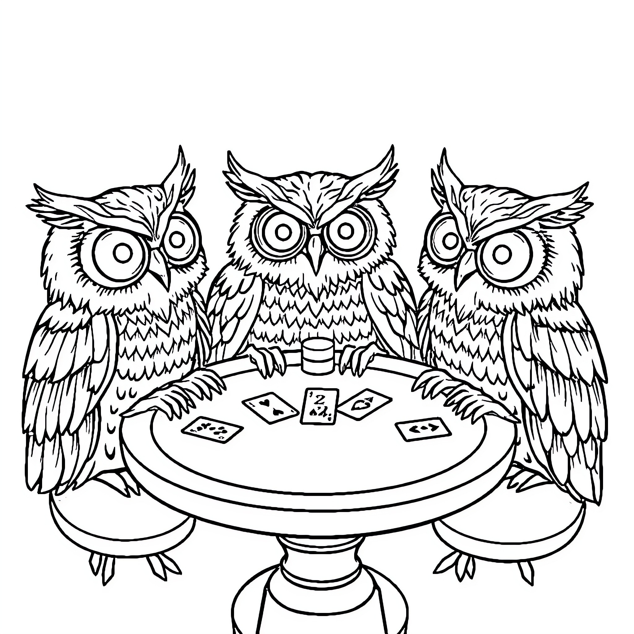 Owl trio playing cards on a table Coloring Page (free black-and-white line drawing printable PDF for all, from beginners to advanced learners, including children, teens, adults, and seniors)