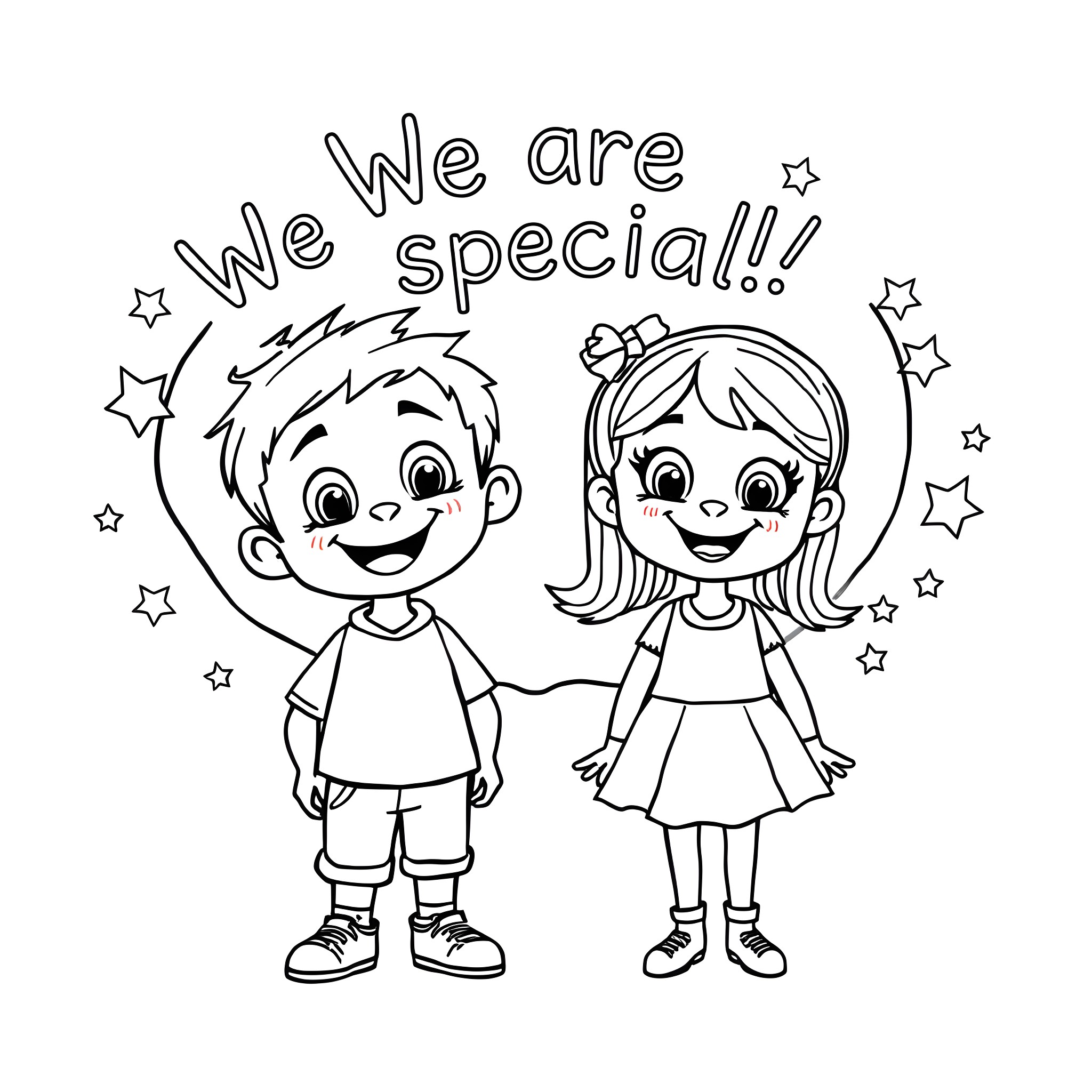 Child smiling with friend celebrating we are special Coloring Page (free black-and-white line drawing printable PDF for all, from beginners to advanced learners, including children, teens, adults, and seniors)