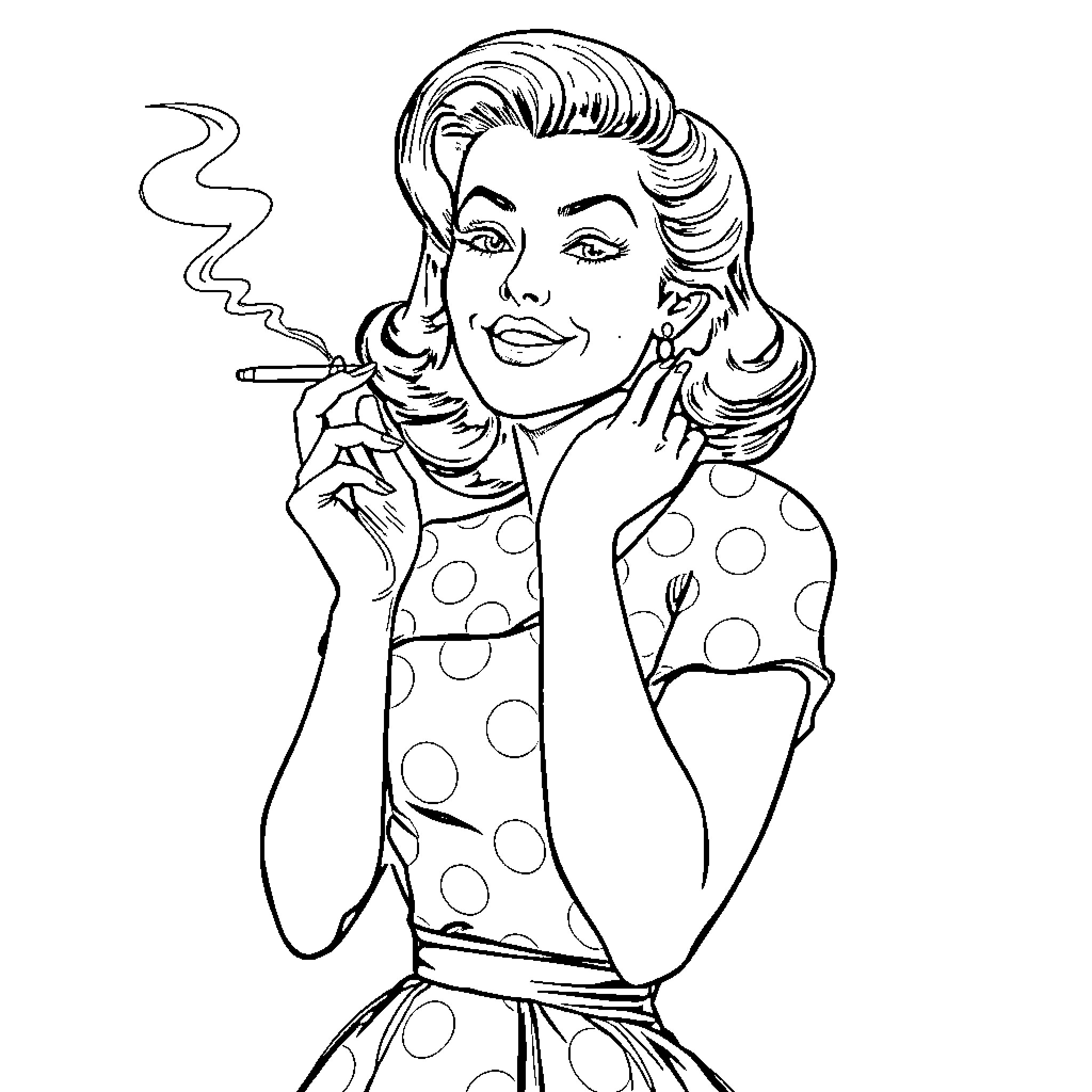 Woman in a polka dot dress smiling and smoking a cigarette Coloring Page (free black-and-white line drawing printable PDF for all, from beginners to advanced learners, including children, teens, adults, and seniors)