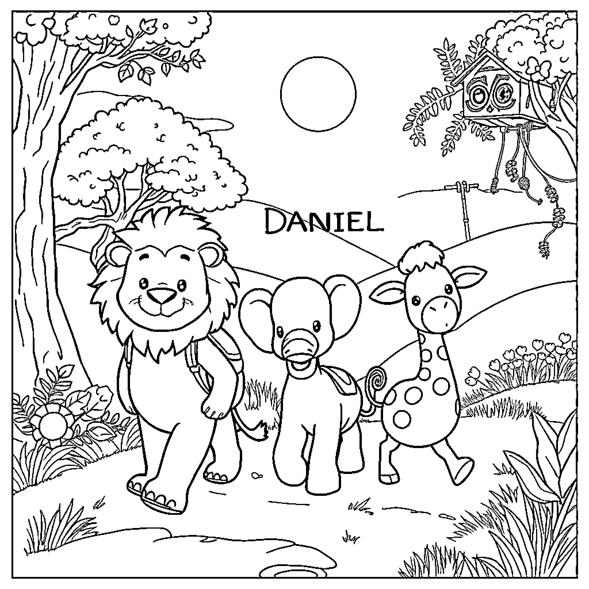 Lion, elephant, and giraffe in a nature scene Coloring Page (free black-and-white line drawing printable PDF for all, from beginners to advanced learners, including children, teens, adults, and seniors)