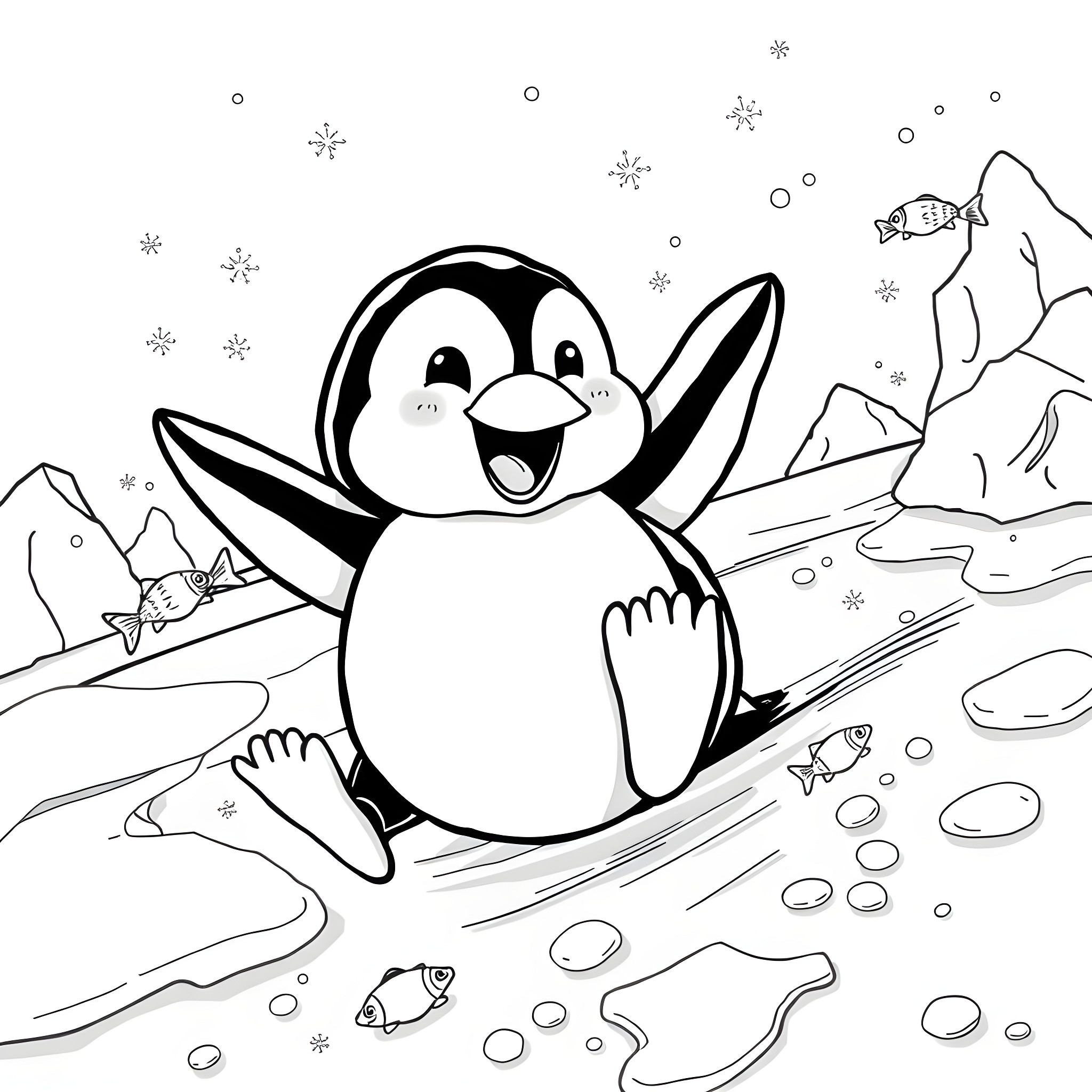 Penguin having fun in the snow Coloring Page (free black-and-white line drawing printable PDF for all, from beginners to advanced learners, including children, teens, adults, and seniors)