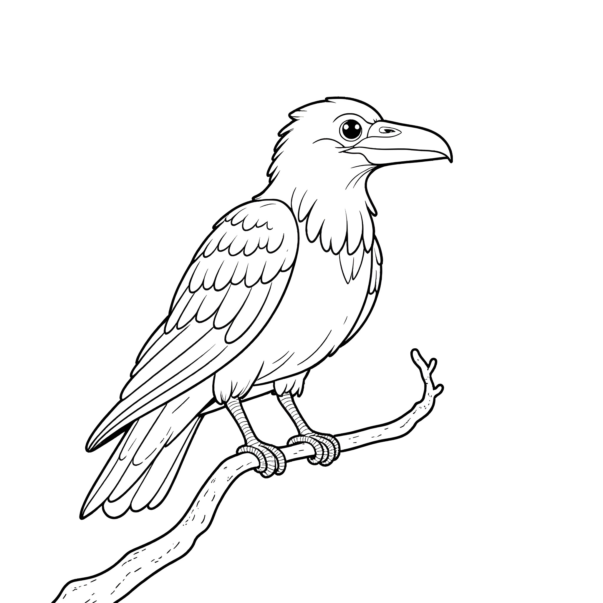 Raven King perched on branch Coloring Page (free black-and-white line drawing printable PDF for all, from beginners to advanced learners, including children, teens, adults, and seniors)