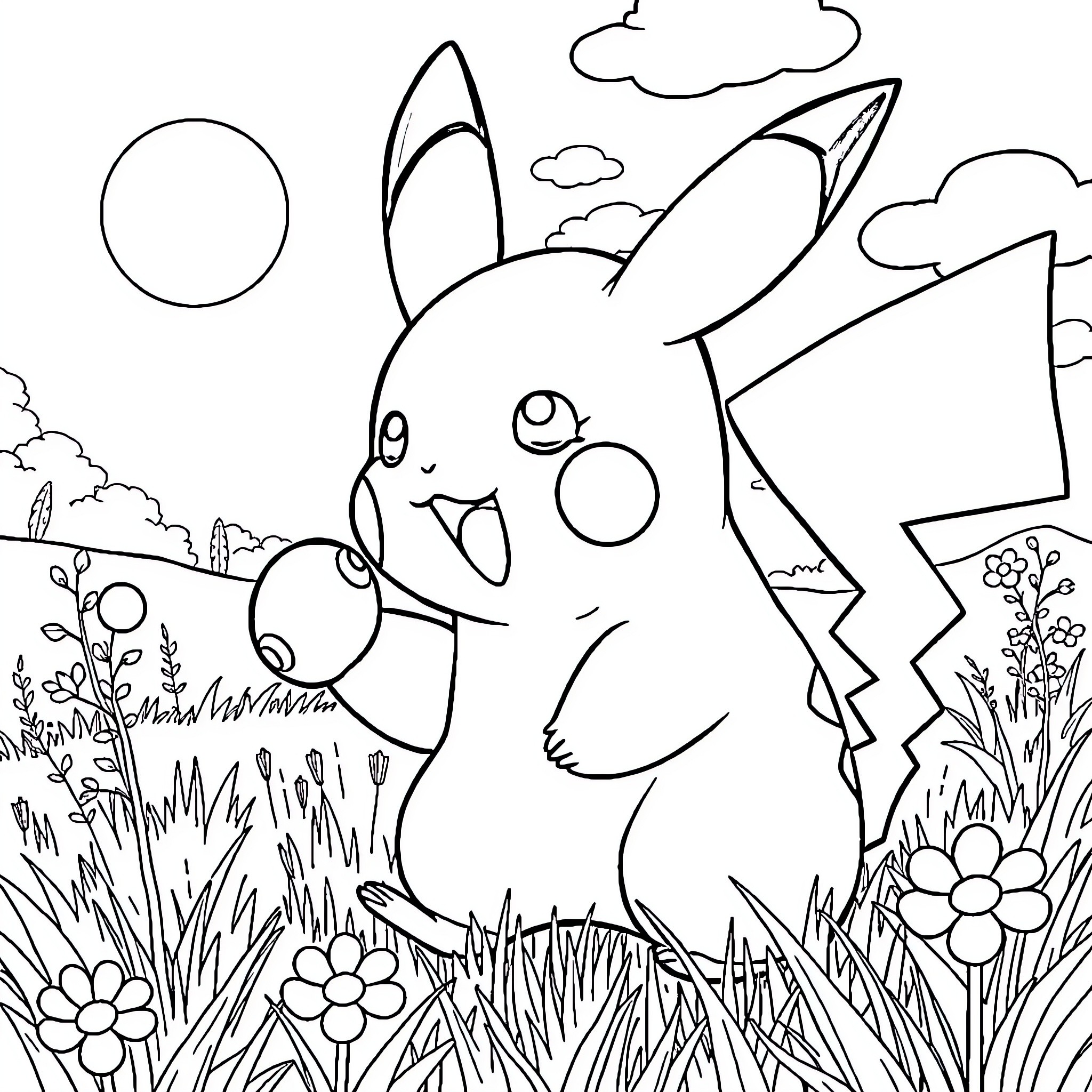 Pikachu enjoying nature in the meadow Coloring Page (free black-and-white line drawing printable PDF for all, from beginners to advanced learners, including children, teens, adults, and seniors)