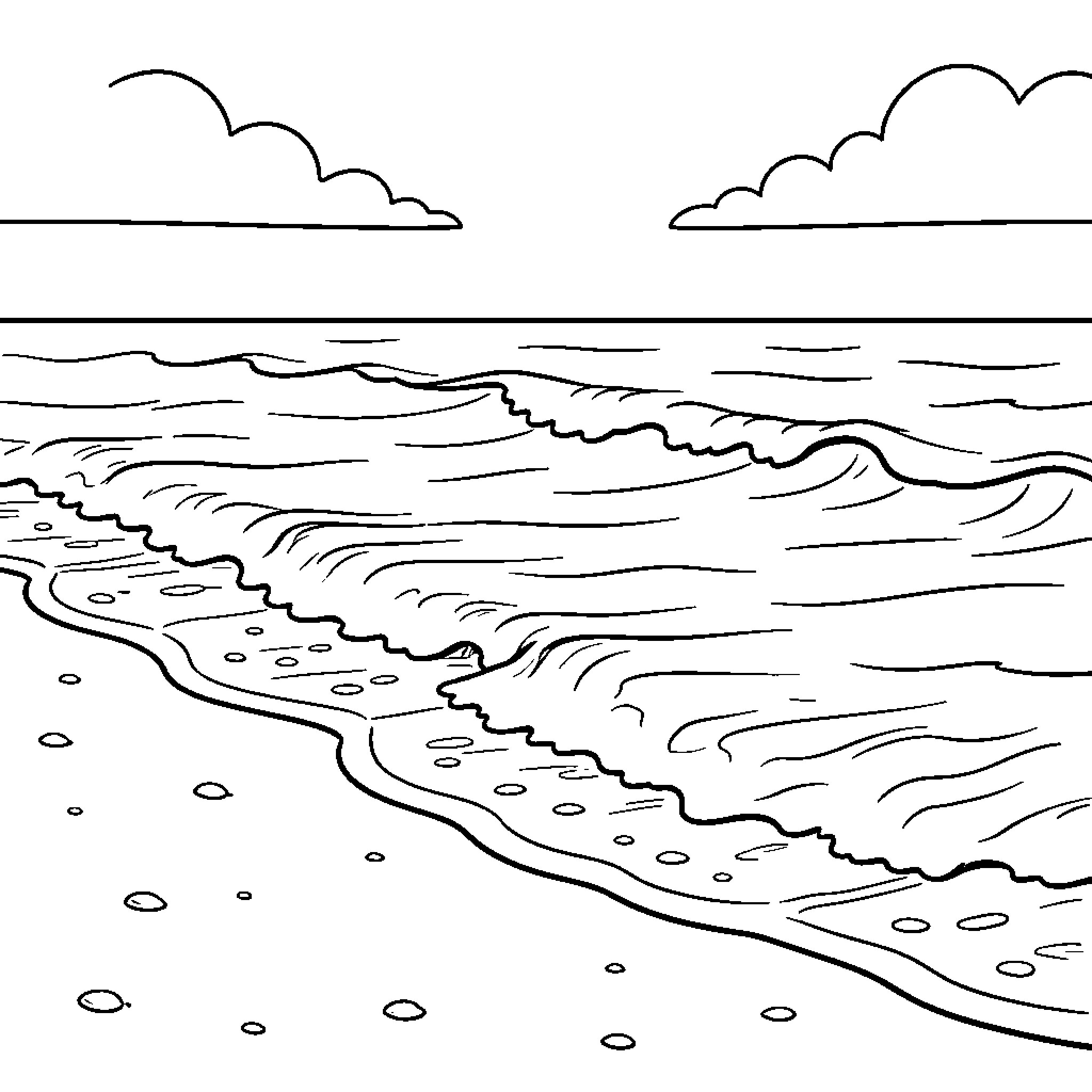 Beach waves gently washing onto the shore Coloring Page (free black-and-white line drawing printable PDF for all, from beginners to advanced learners, including children, teens, adults, and seniors)