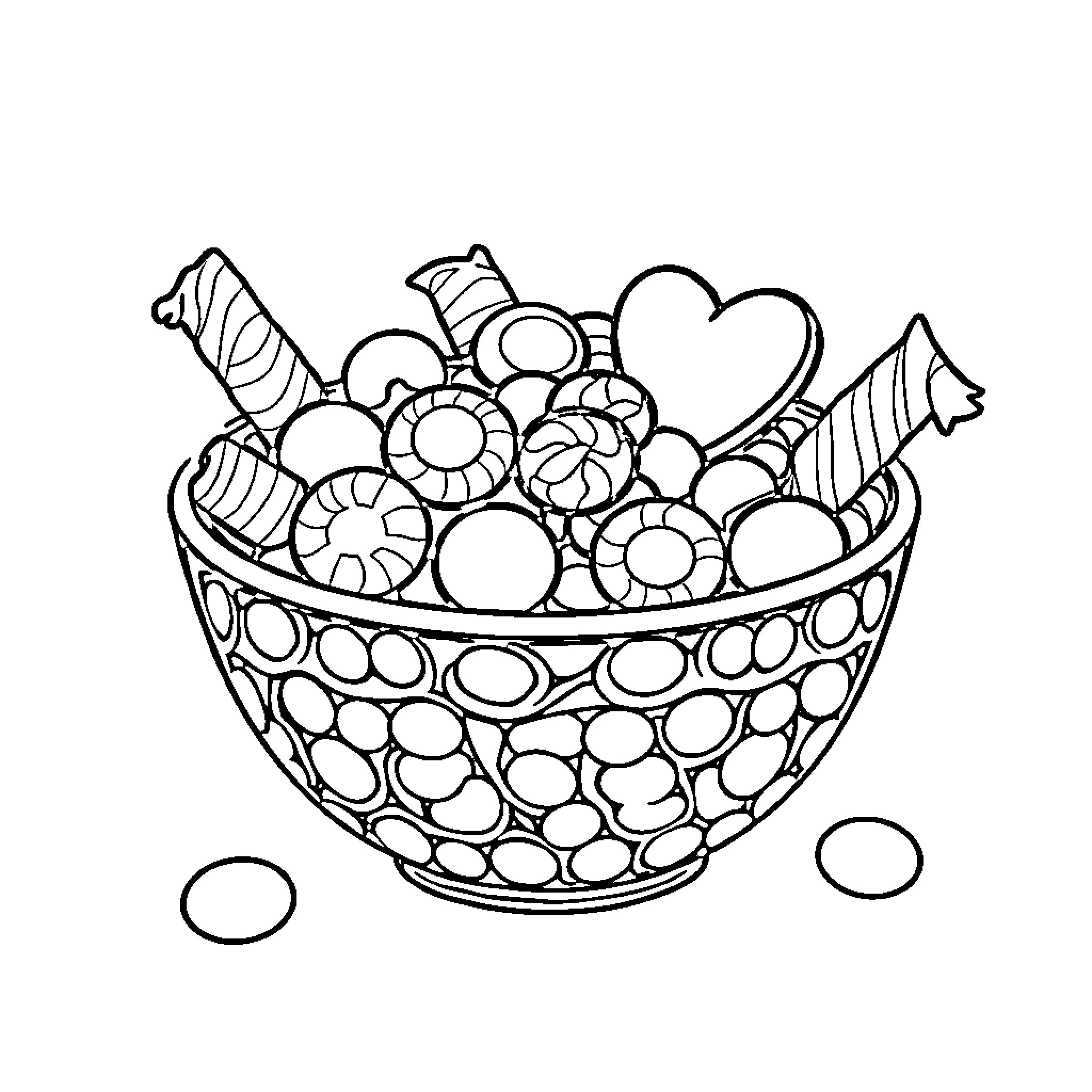 Candy Delights in a Decorative Bowl Coloring Page (free black-and-white line drawing printable PDF for all, from beginners to advanced learners, including children, teens, adults, and seniors)
