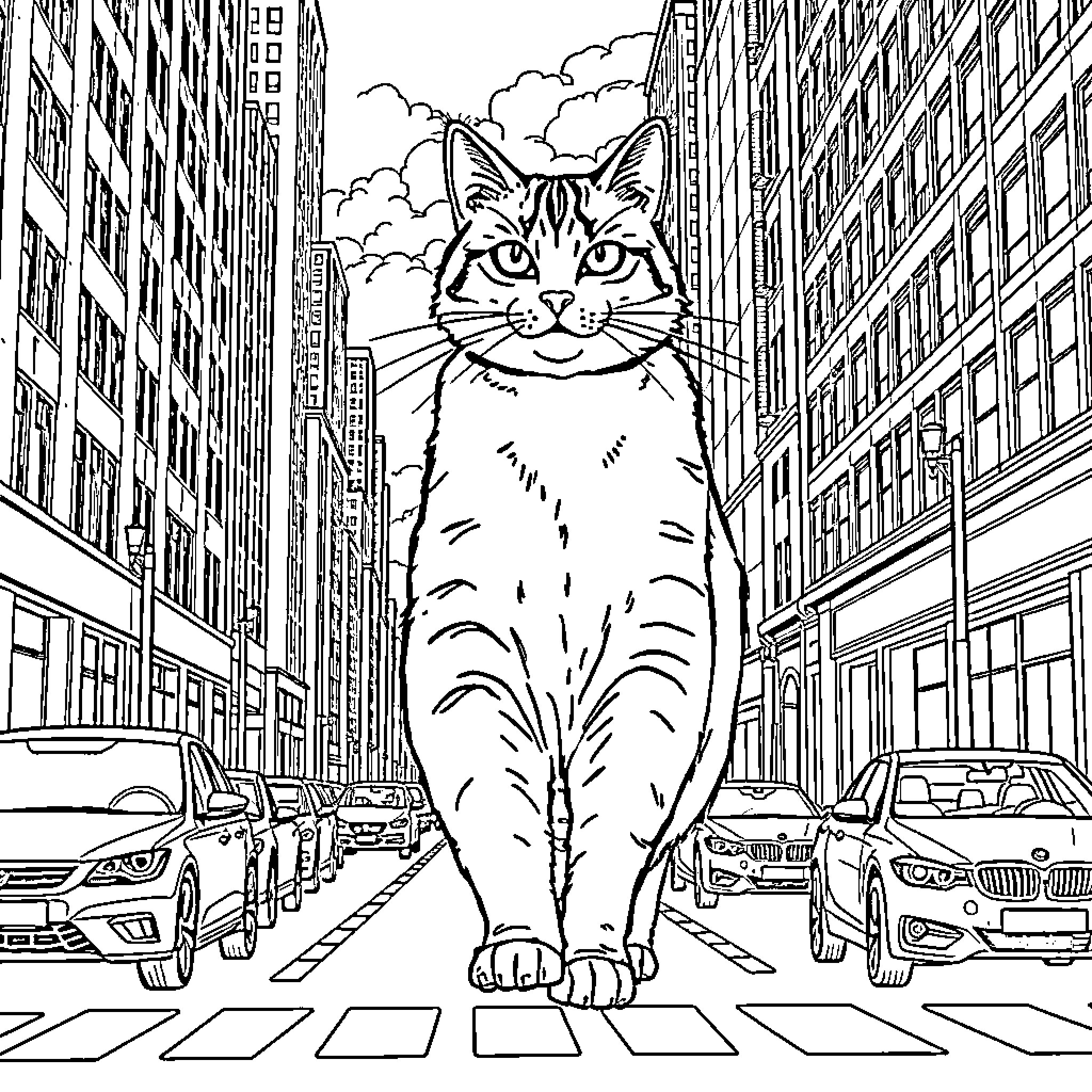 Cat exploring the city streets Coloring Page (free black-and-white line drawing printable PDF for all, from beginners to advanced learners, including children, teens, adults, and seniors)