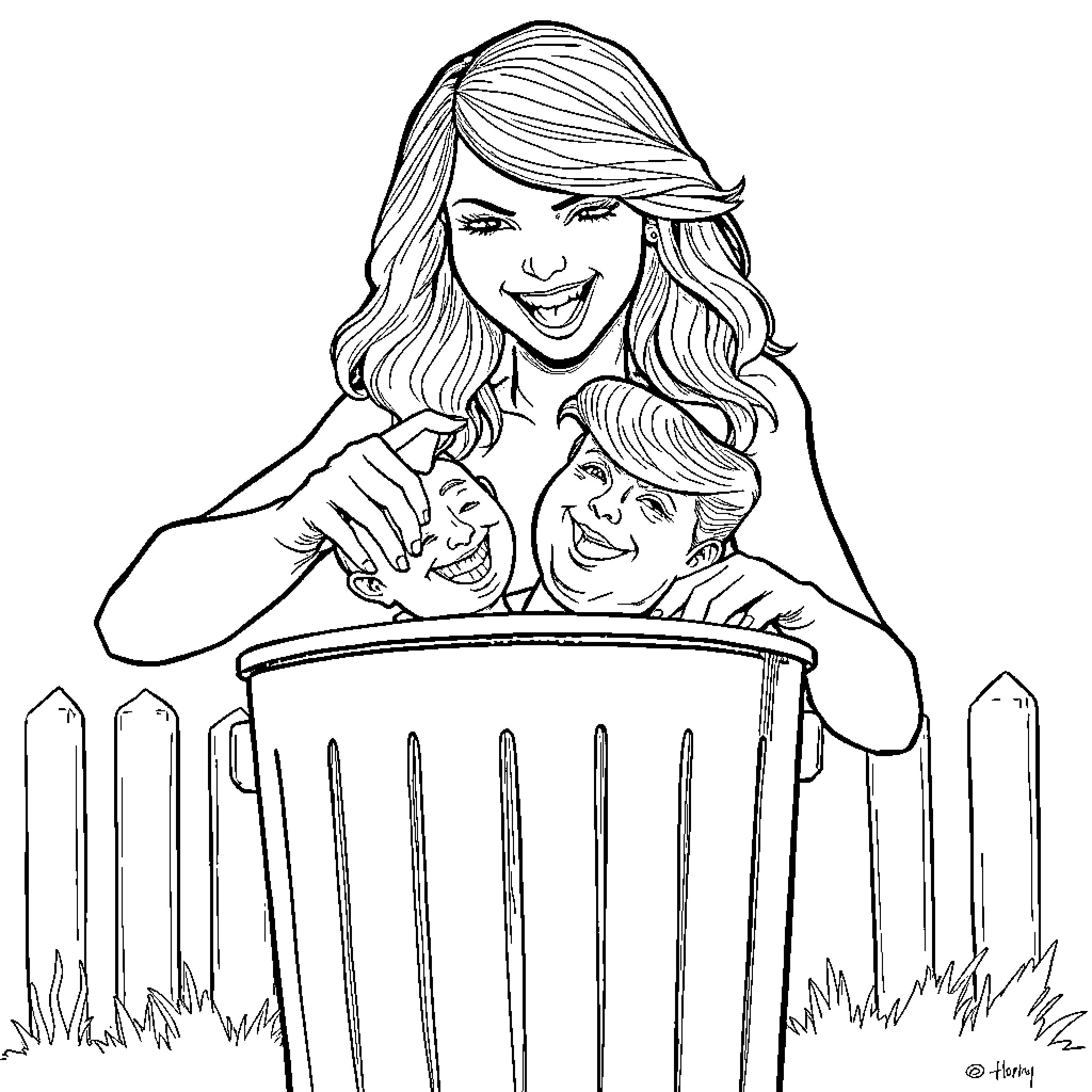 Taylor Swift embracing young fan in garden Coloring Page (free black-and-white line drawing printable PDF for all, from beginners to advanced learners, including children, teens, adults, and seniors)