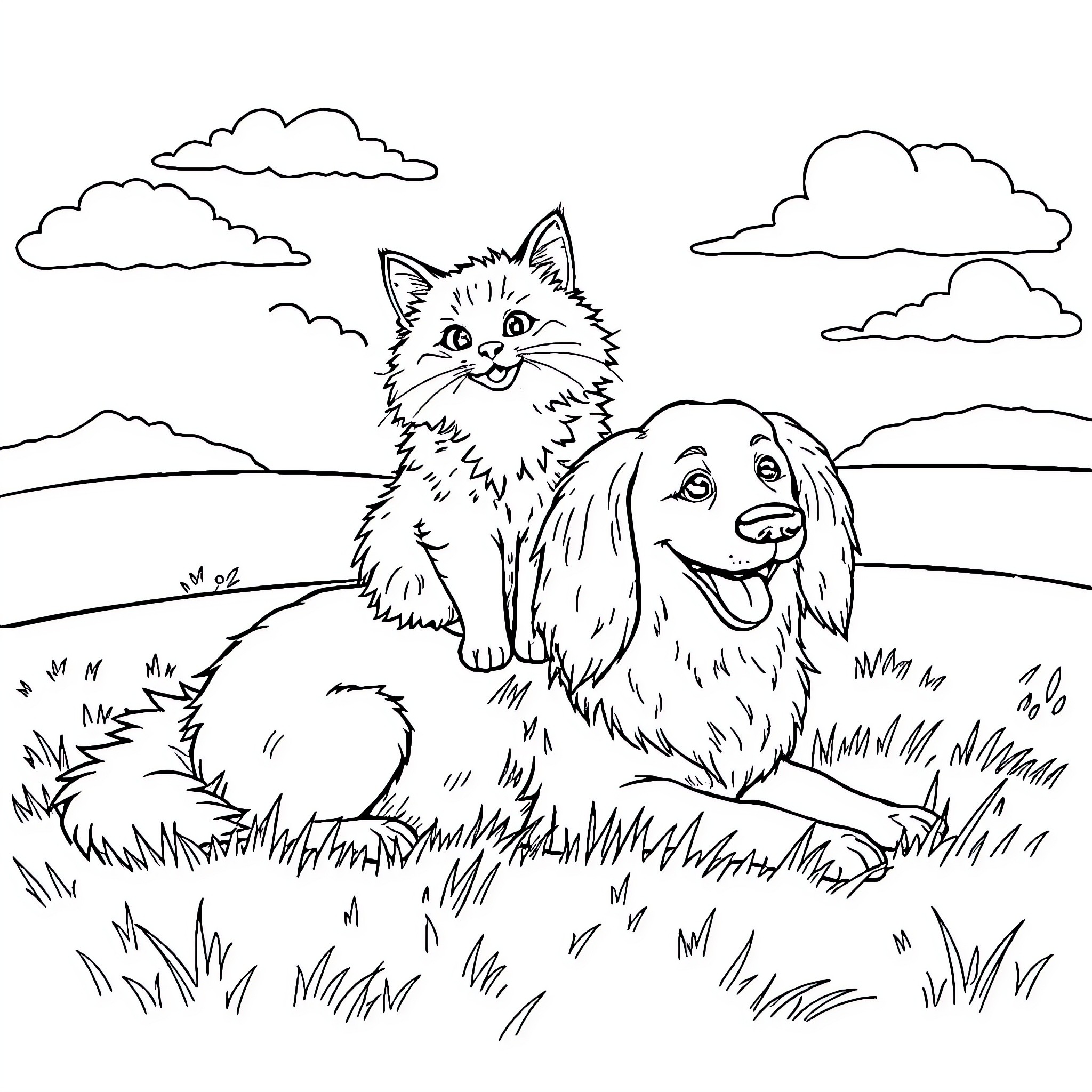 Cat and Dog Enjoying the Outdoors Coloring Page (free black-and-white line drawing printable PDF for all, from beginners to advanced learners, including children, teens, adults, and seniors)