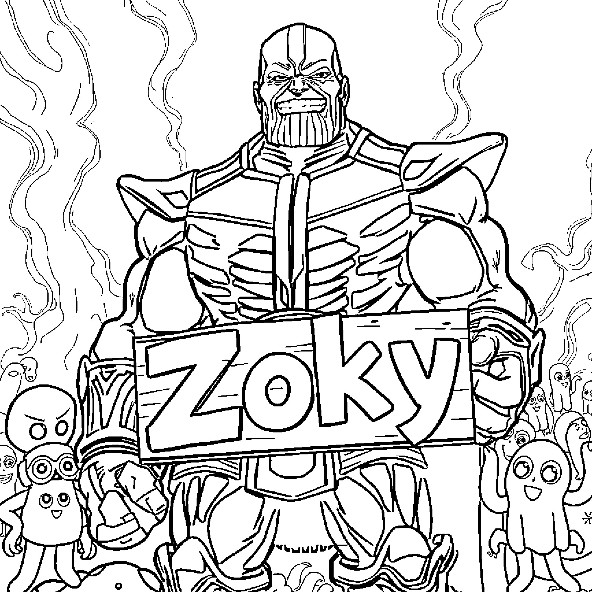 Thanos's Ominous Presence Revealed in Monochrome Coloring Page (free black-and-white line drawing printable PDF for all, from beginners to advanced learners, including children, teens, adults, and seniors)