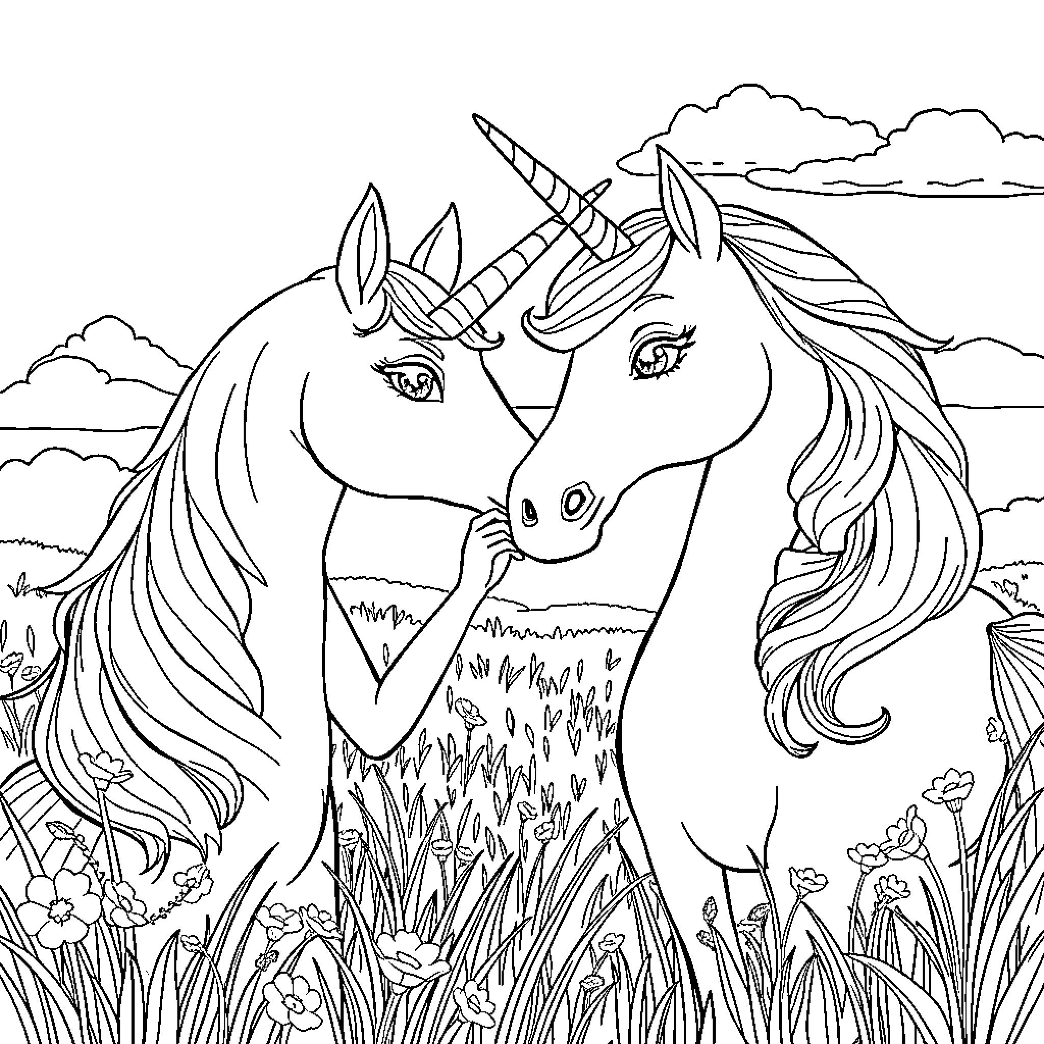 Elsa's Magical Unicorn Encounter in the Enchanted Meadow Coloring Page (free black-and-white line drawing printable PDF for all, from beginners to advanced learners, including children, teens, adults, and seniors)