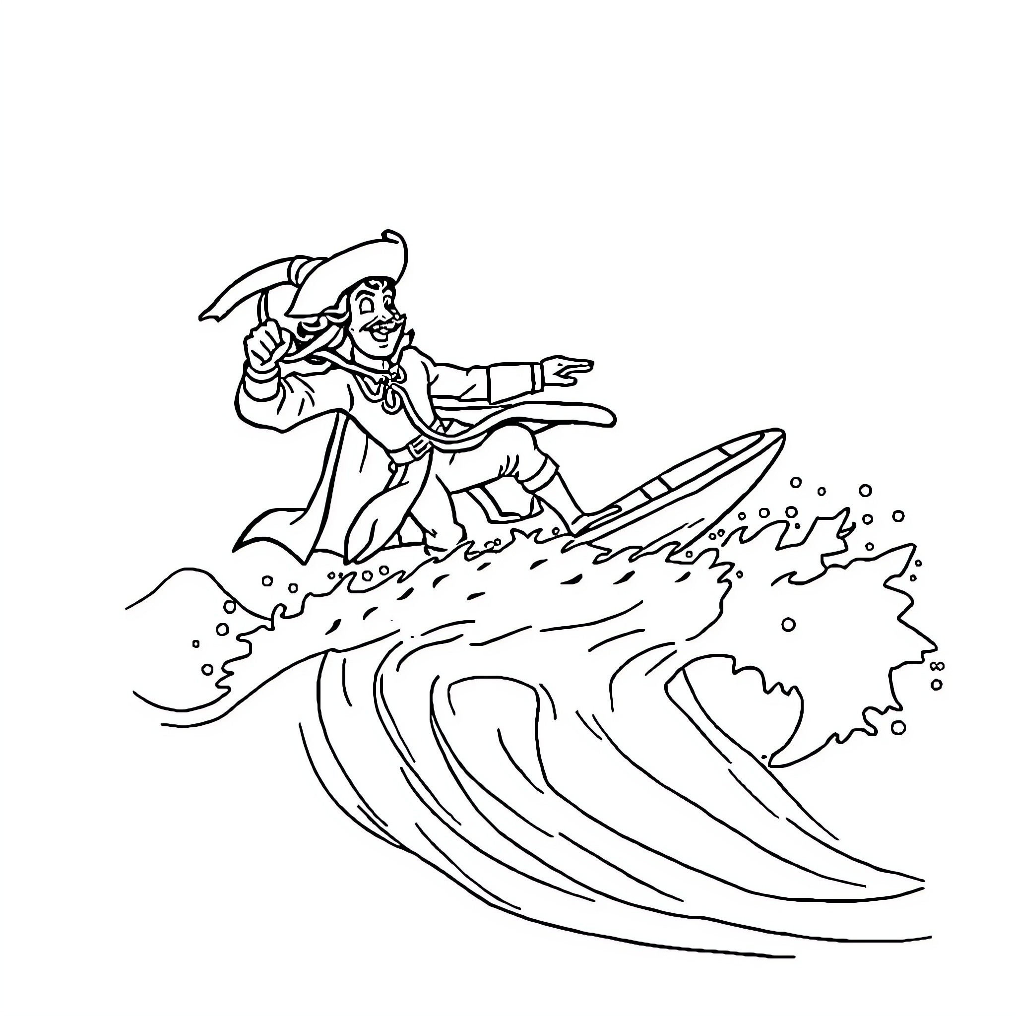 Captain Hook surfing the waves with enthusiasm Coloring Page (free black-and-white line drawing printable PDF for all, from beginners to advanced learners, including children, teens, adults, and seniors)