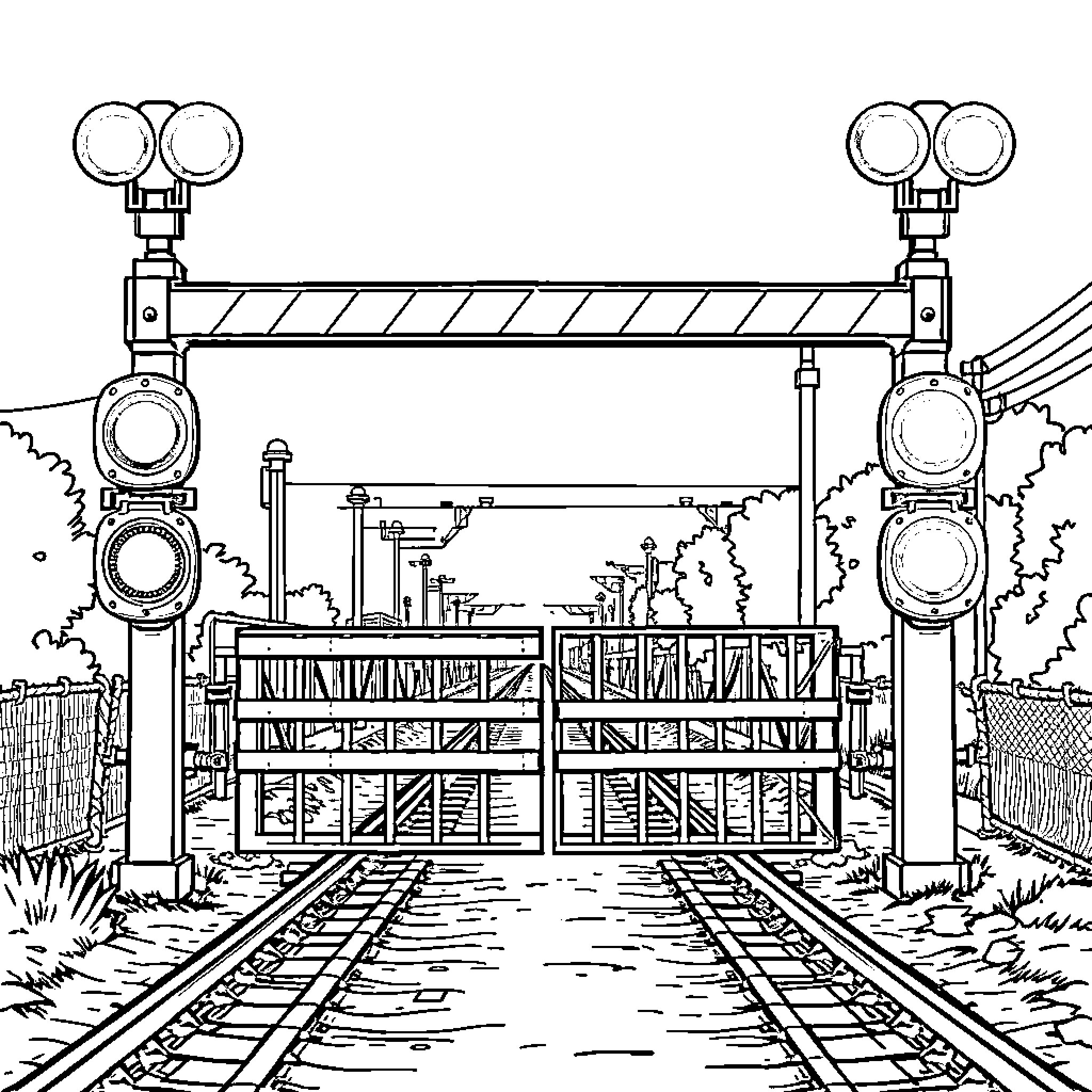 Railroad Crossing with Crossing Lights and Tracks Coloring Page (free black-and-white line drawing printable PDF for all, from beginners to advanced learners, including children, teens, adults, and seniors)