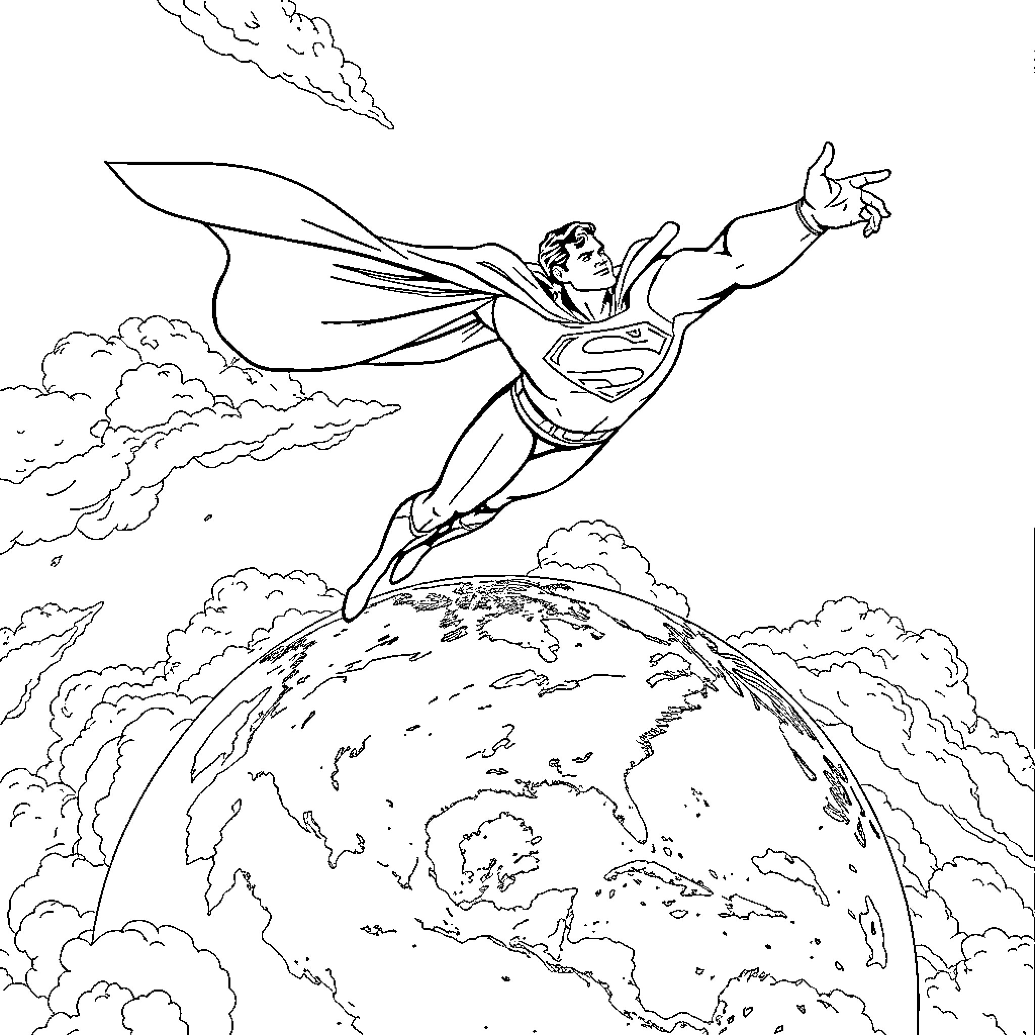 Superman soaring heroically over the Earth Coloring Page (free black-and-white line drawing printable PDF for all, from beginners to advanced learners, including children, teens, adults, and seniors)