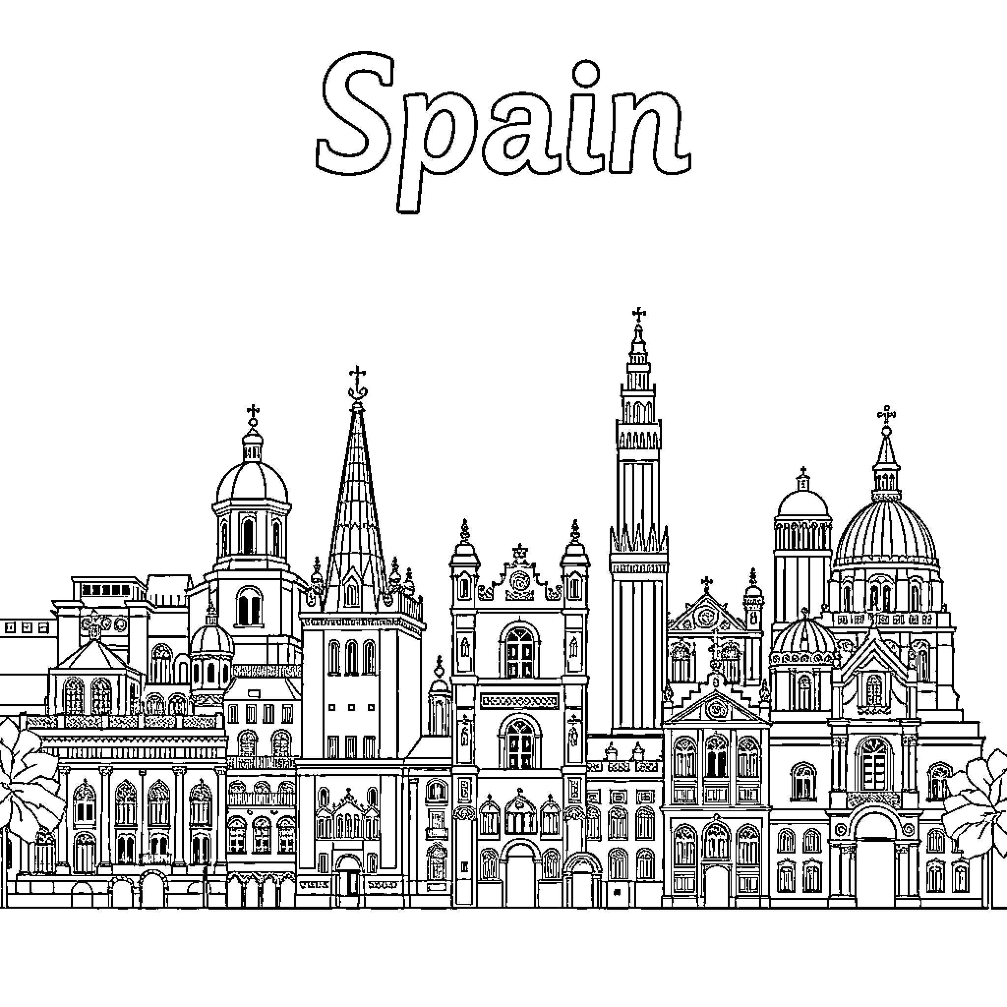 Spain's iconic architectural landmarks and historic buildings Coloring Page (free black-and-white line drawing printable PDF for all, from beginners to advanced learners, including children, teens, adults, and seniors)