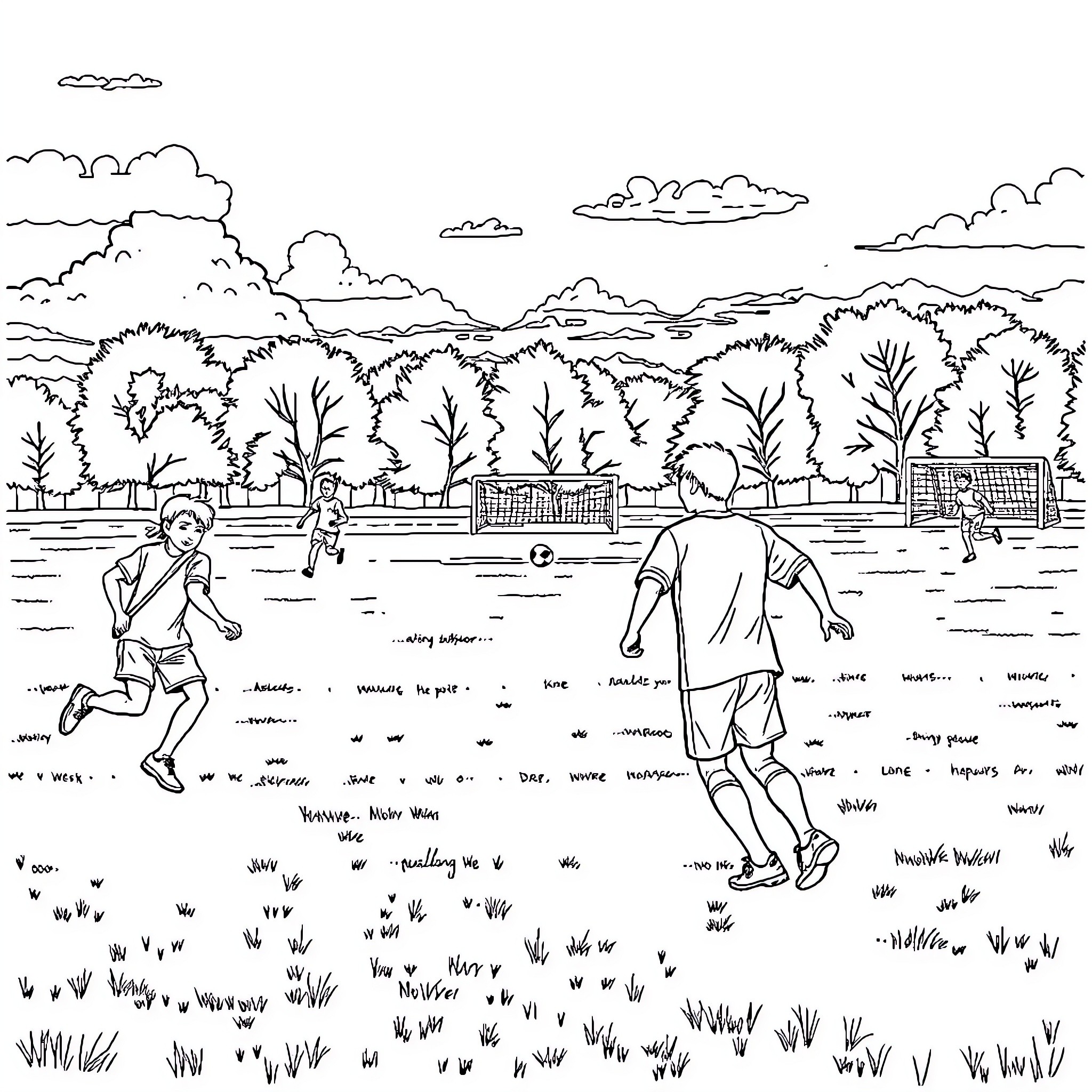 Teenagers playing outdoor games on a sunny day Coloring Page (free black-and-white line drawing printable PDF for all, from beginners to advanced learners, including children, teens, adults, and seniors)