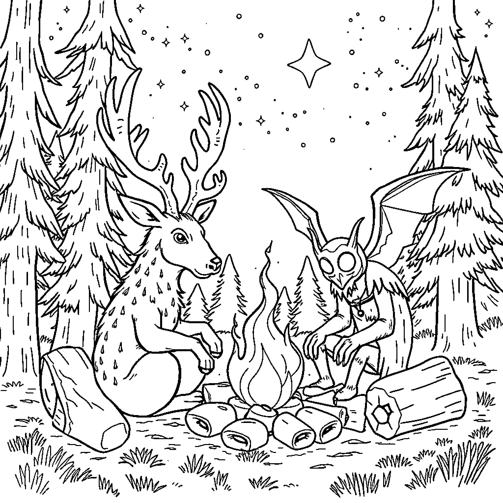 Jackalope enjoying a cozy campfire in the snowy forest Coloring Page (free black-and-white line drawing printable PDF for all, from beginners to advanced learners, including children, teens, adults, and seniors)