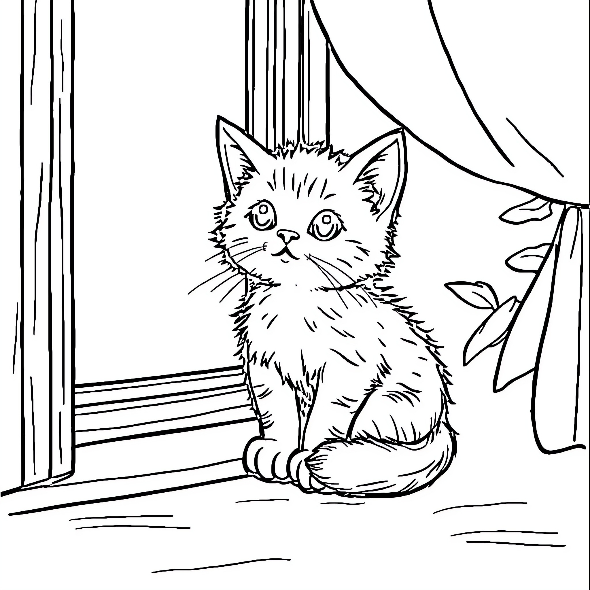 Cat peering curiously through window Coloring Page (free black-and-white line drawing printable PDF for all, from beginners to advanced learners, including children, teens, adults, and seniors)