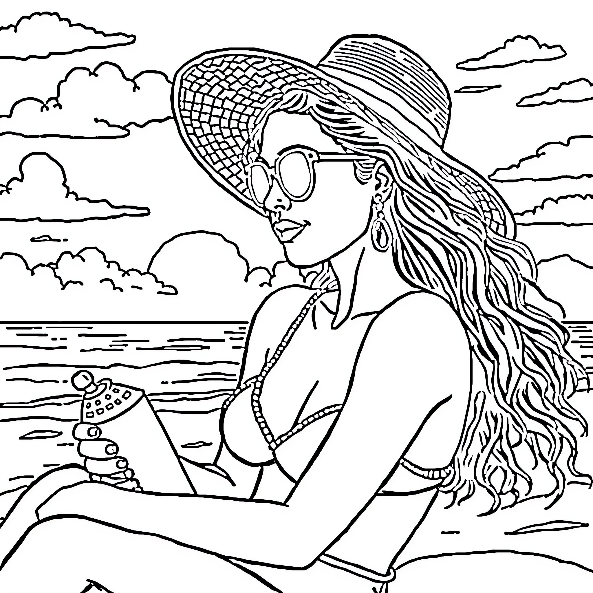 Woman enjoying relaxing day at the beach Coloring Page (free black-and-white line drawing printable PDF for all, from beginners to advanced learners, including children, teens, adults, and seniors)