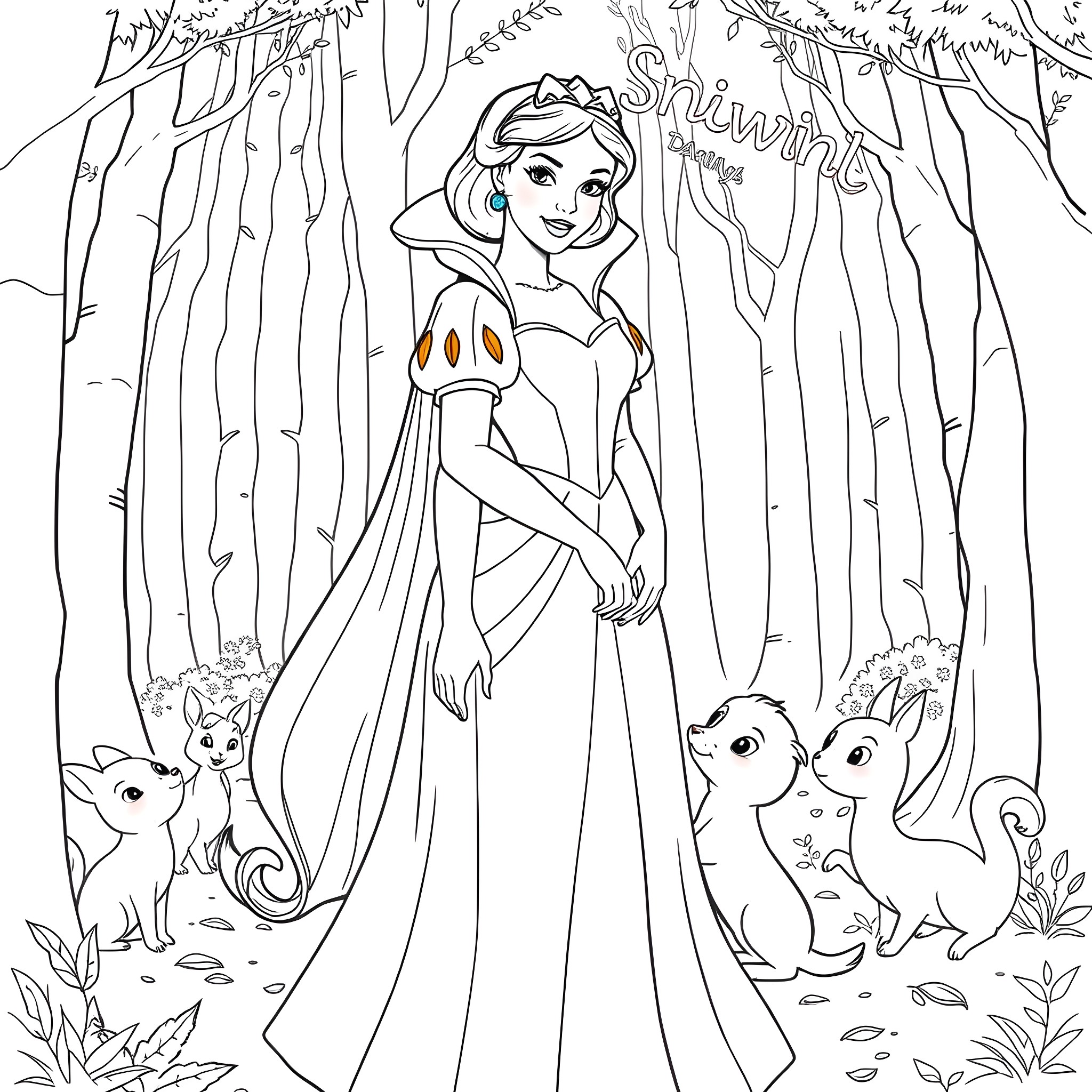 Snow White exploring the enchanted forest with forest animals Coloring Page (free black-and-white line drawing printable PDF for all, from beginners to advanced learners, including children, teens, adults, and seniors)