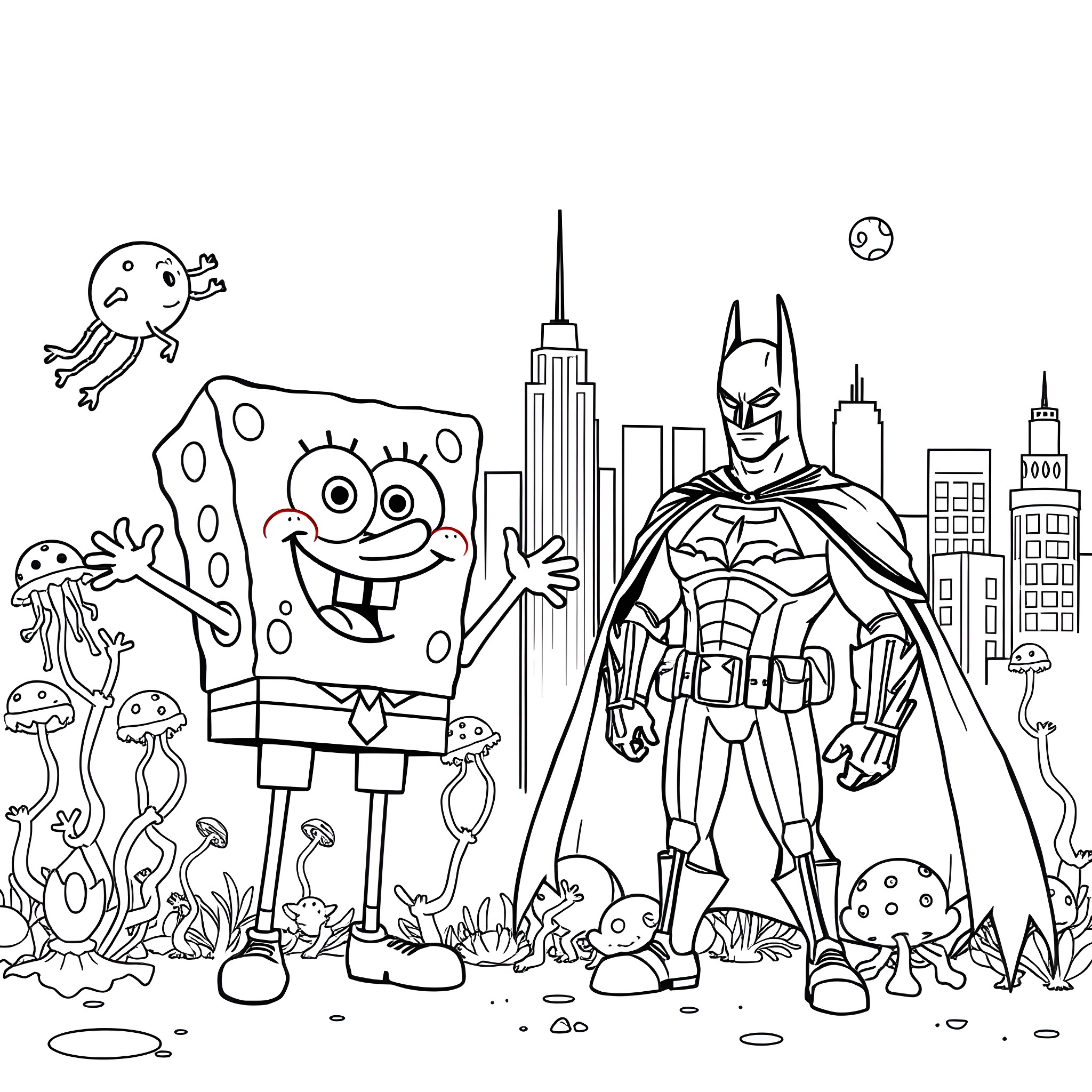 Spongebob teams up with Batman in the city Coloring Page (free black-and-white line drawing printable PDF for all, from beginners to advanced learners, including children, teens, adults, and seniors)