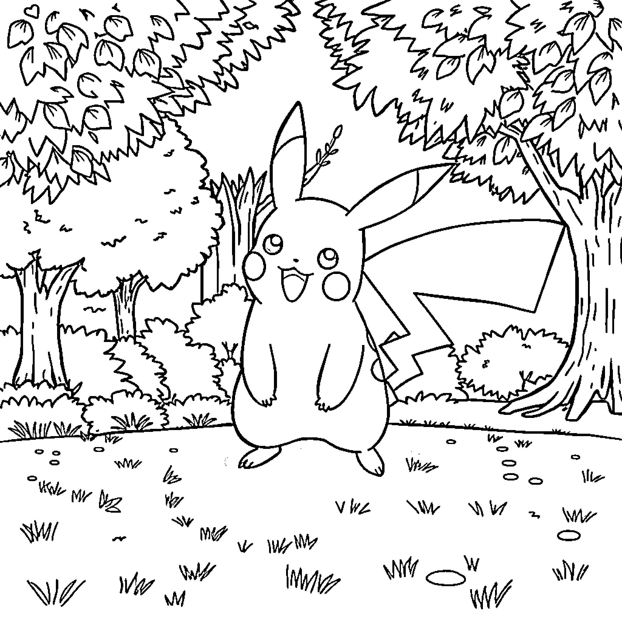 Pikachu enjoying a tranquil forest scene Coloring Page (free black-and-white line drawing printable PDF for all, from beginners to advanced learners, including children, teens, adults, and seniors)