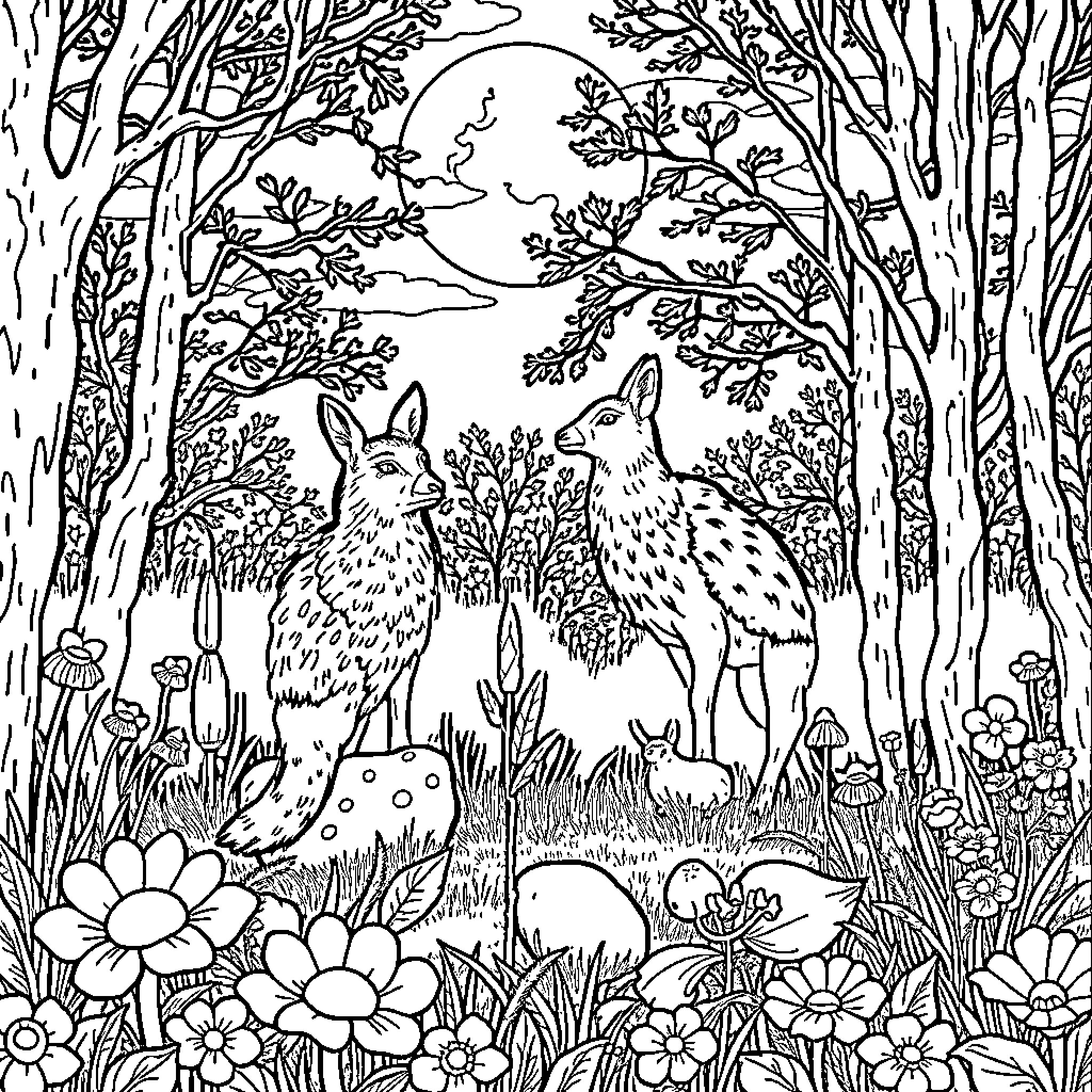 Deer frolicking in the moonlit forest Coloring Page (free black-and-white line drawing printable PDF for all, from beginners to advanced learners, including children, teens, adults, and seniors)