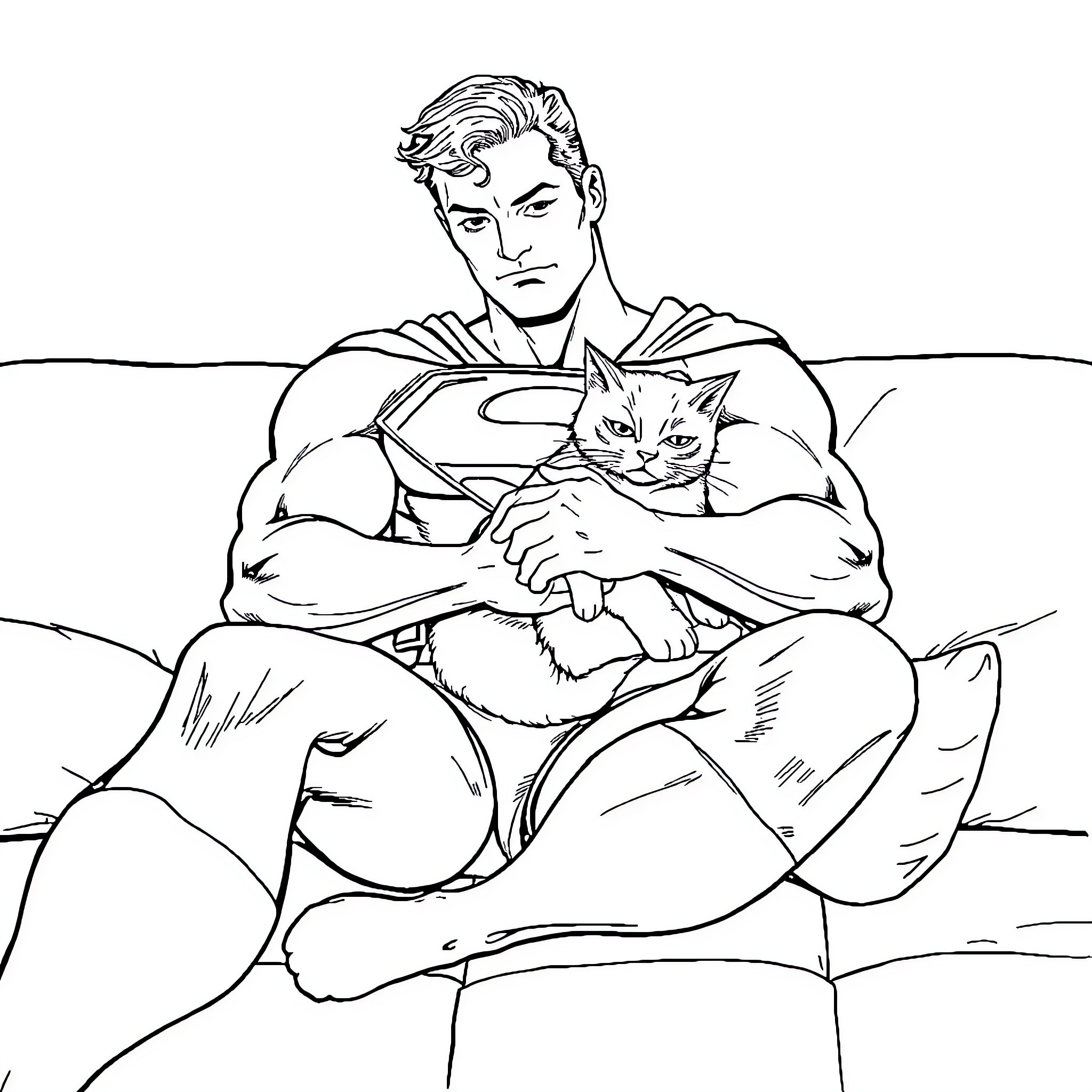 Superman relaxing with a feline companion Coloring Page (free black-and-white line drawing printable PDF for all, from beginners to advanced learners, including children, teens, adults, and seniors)